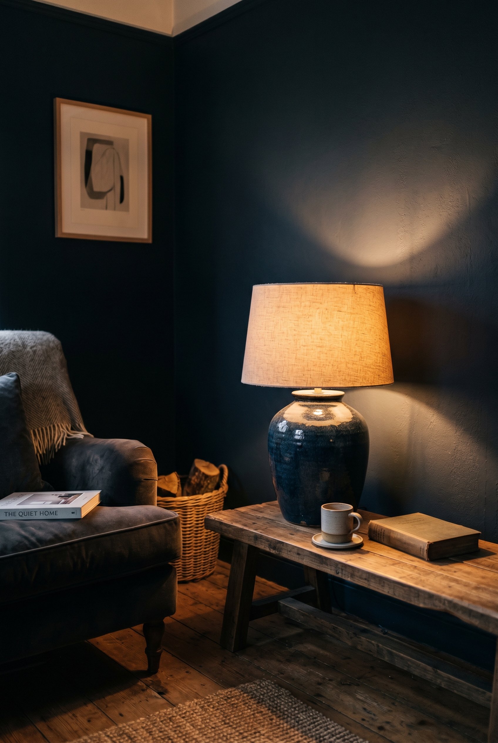 Photorealistic interior photo. Dark painted wall with a heavy ceramic table lamp casting a warm 2700K amber glow, moody shadows, low camera angle. Editorial photography style, no people visible.