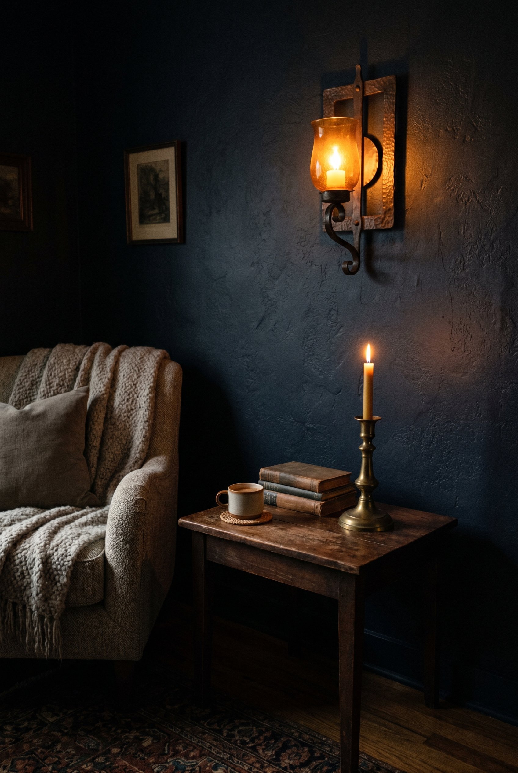 Photorealistic interior photo. Dark room illuminated only by a wrought iron wall sconce with amber glass and a heavy brass candlestick on a side table. Deep shadows, warm glowing light. Editorial phot