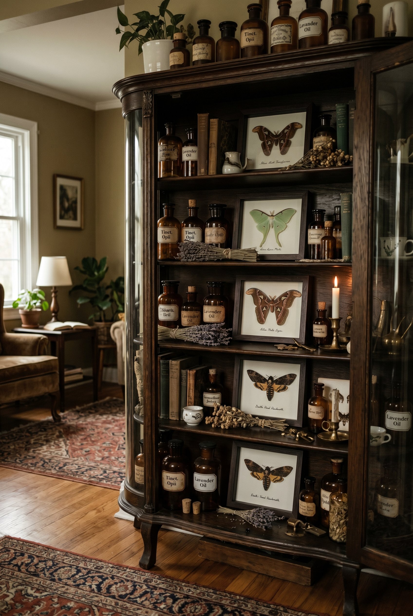 Photorealistic interior photo. Dark wood curio cabinet filled with vintage amber glass apothecary bottles, dried botanicals, and framed moth entomology displays. Dimly lit, moody atmosphere. Editorial