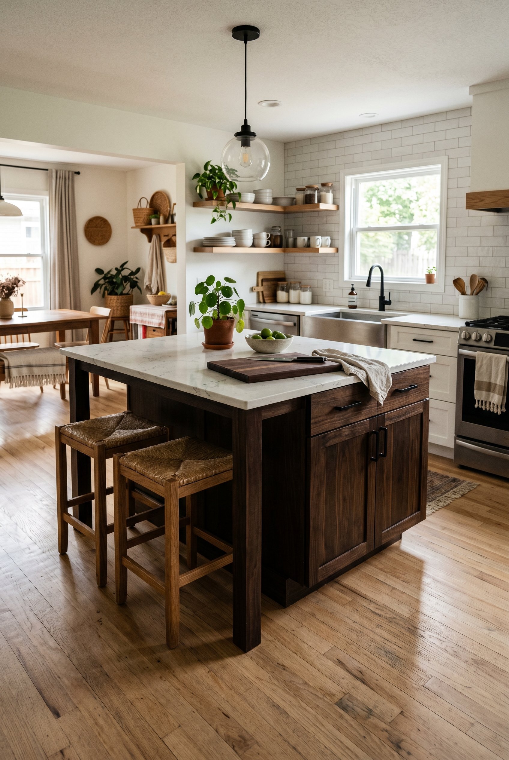 Photorealistic interior photo. Deep espresso stained wood kitchen island sitting directly on light white oak hardwood floors, high contrast, natural light, low camera angle. Editorial photography styl