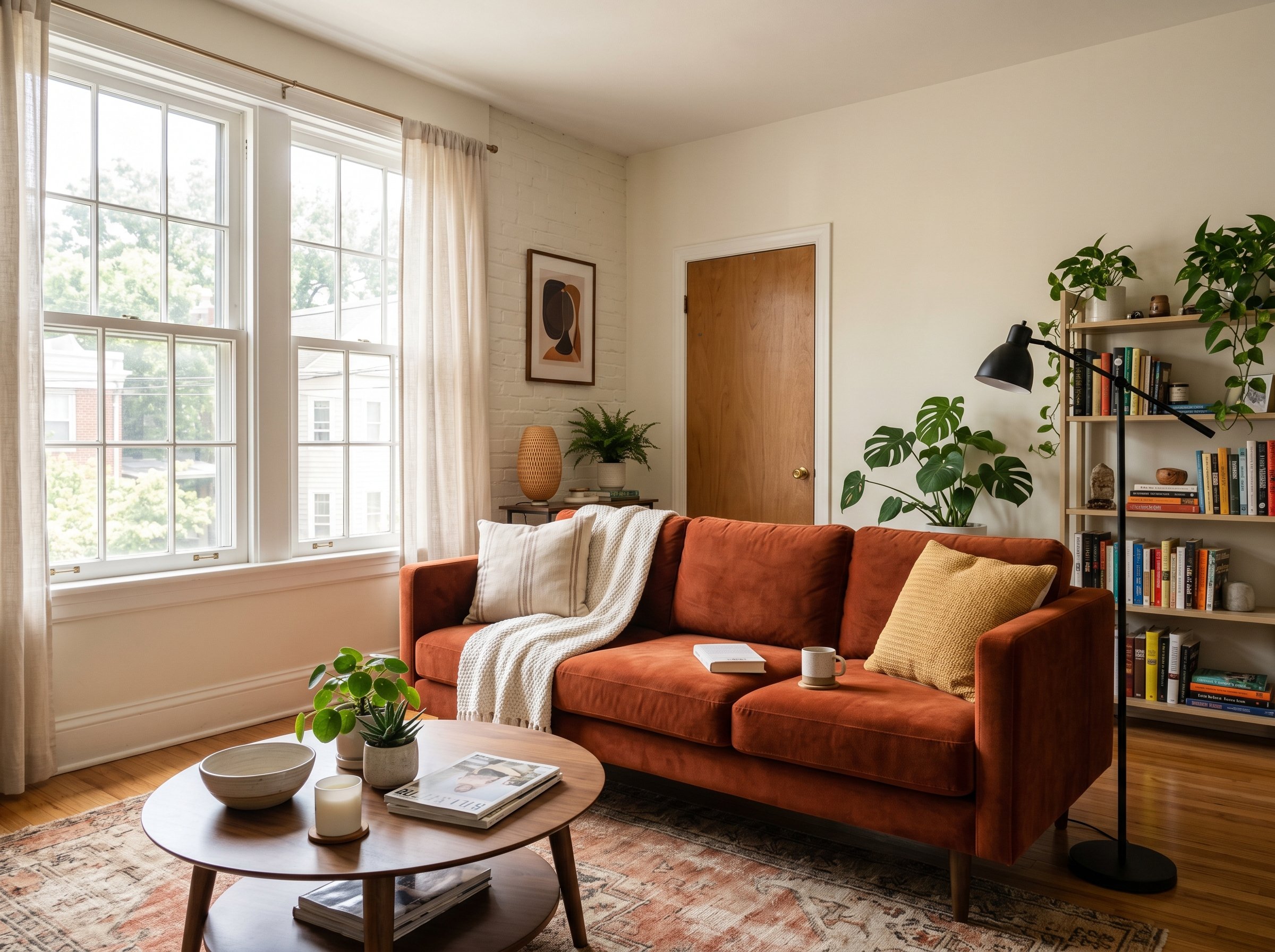Photorealistic interior photo. Deep rust performance velvet sofa in a sunlit living room, sleek mid-century legs. Bright natural light, editorial photography style, no people visible.