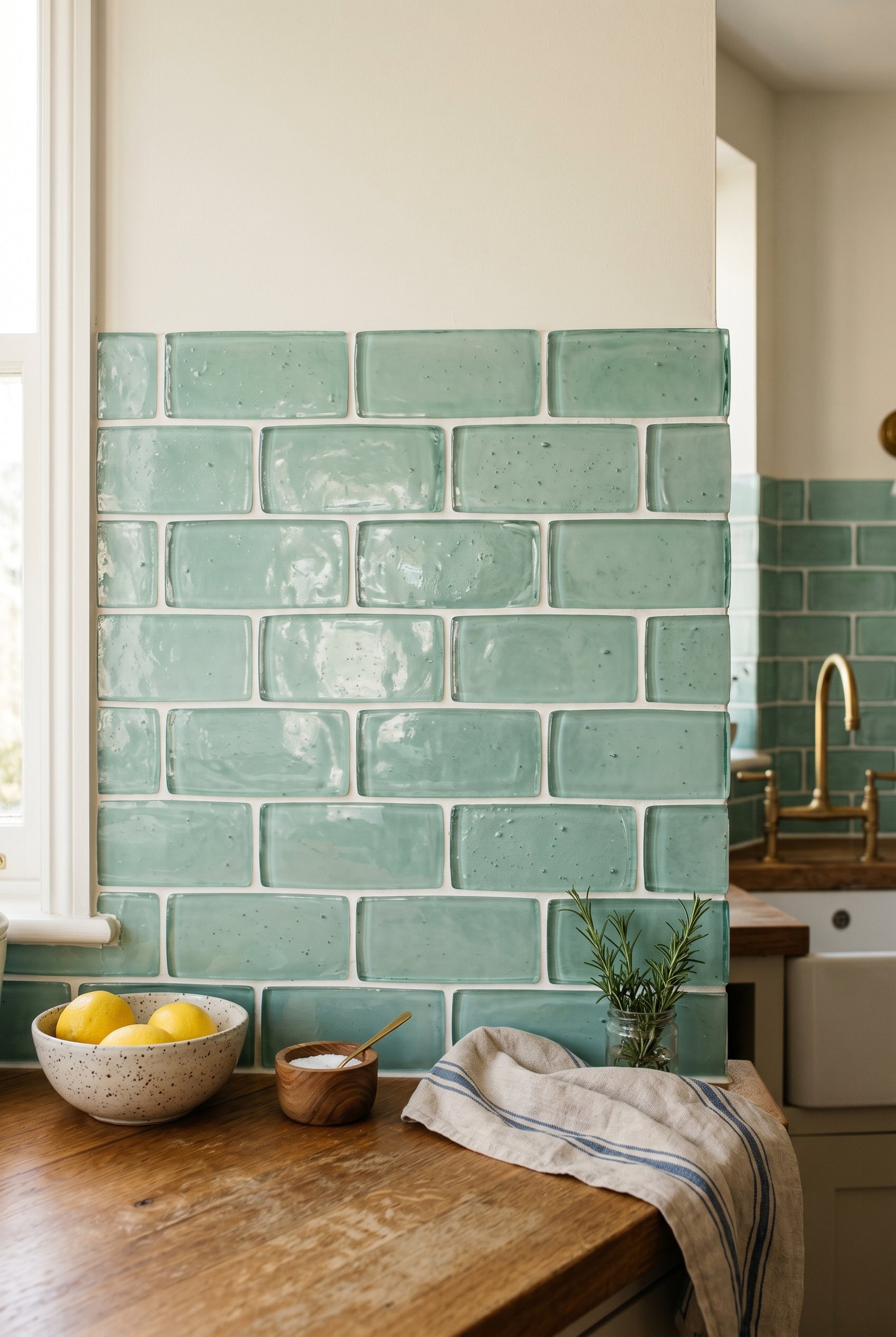 Photorealistic interior photo. Detail shot of 100% recycled glass subway tiles in a soft translucent seafoam green, showing deep optical depth, straight on camera angle. Editorial photography style, n