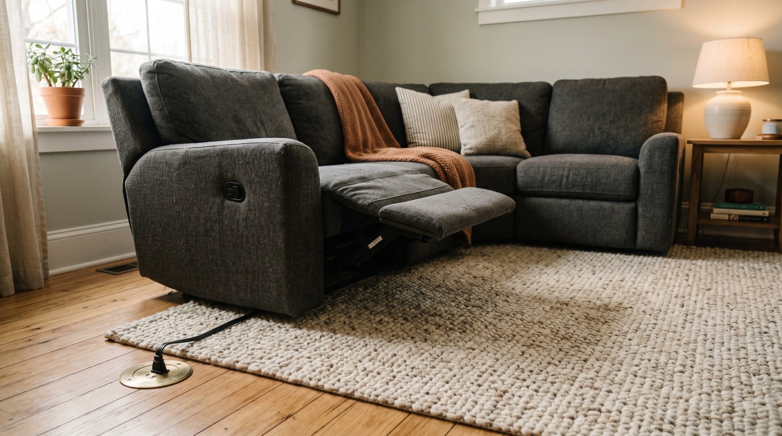 Photorealistic interior photo. Detail shot of a power-reclining sectional floating on a textured wool rug, a flat cord neatly tucked away near a flush floor outlet. Editorial photography style, cinema