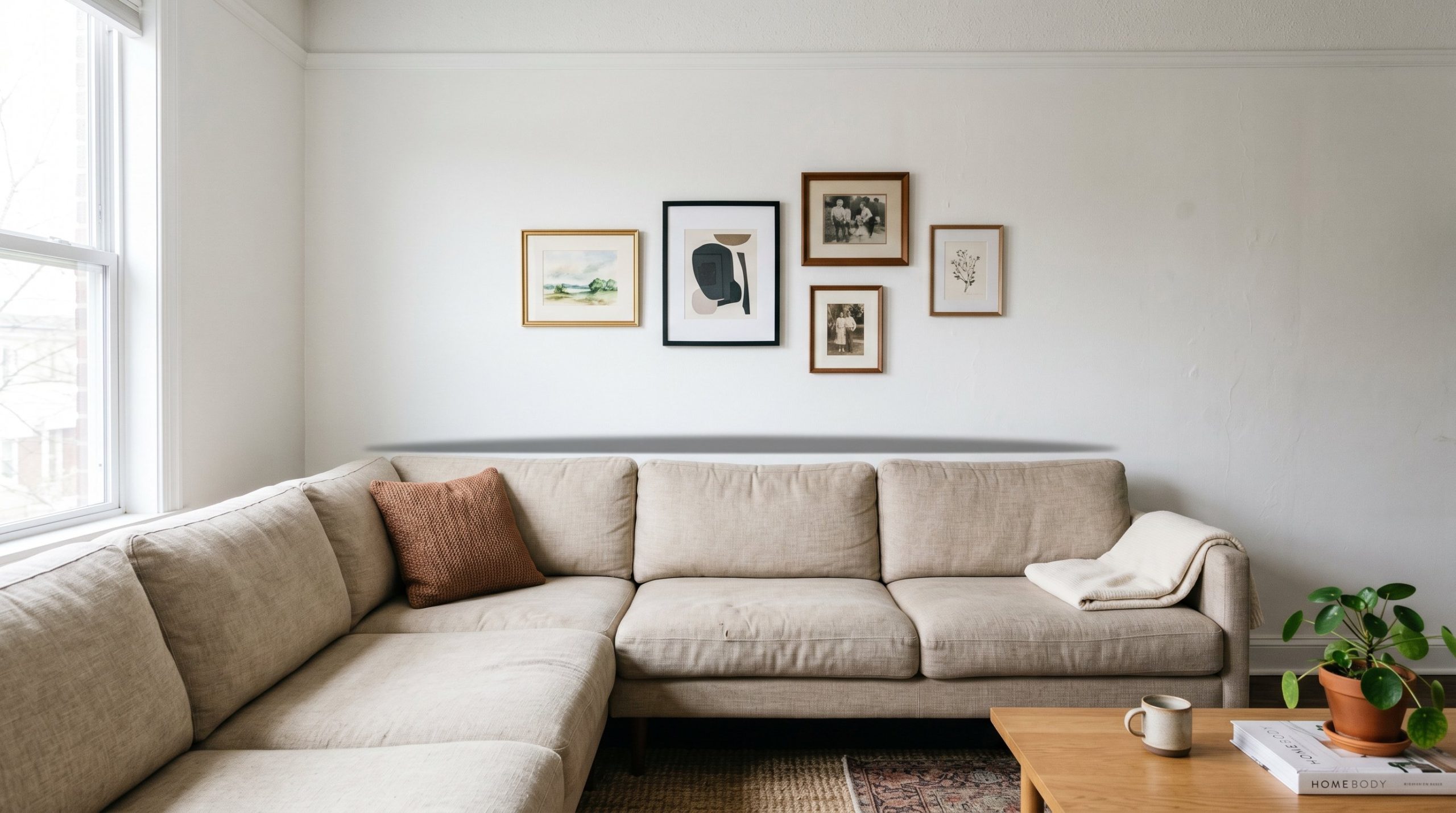 Photorealistic interior photo. Detail shot showing a subtle three-inch gap between the back of a beige linen sectional sofa and a white gallery wall, creating a shadow line. Editorial photography styl