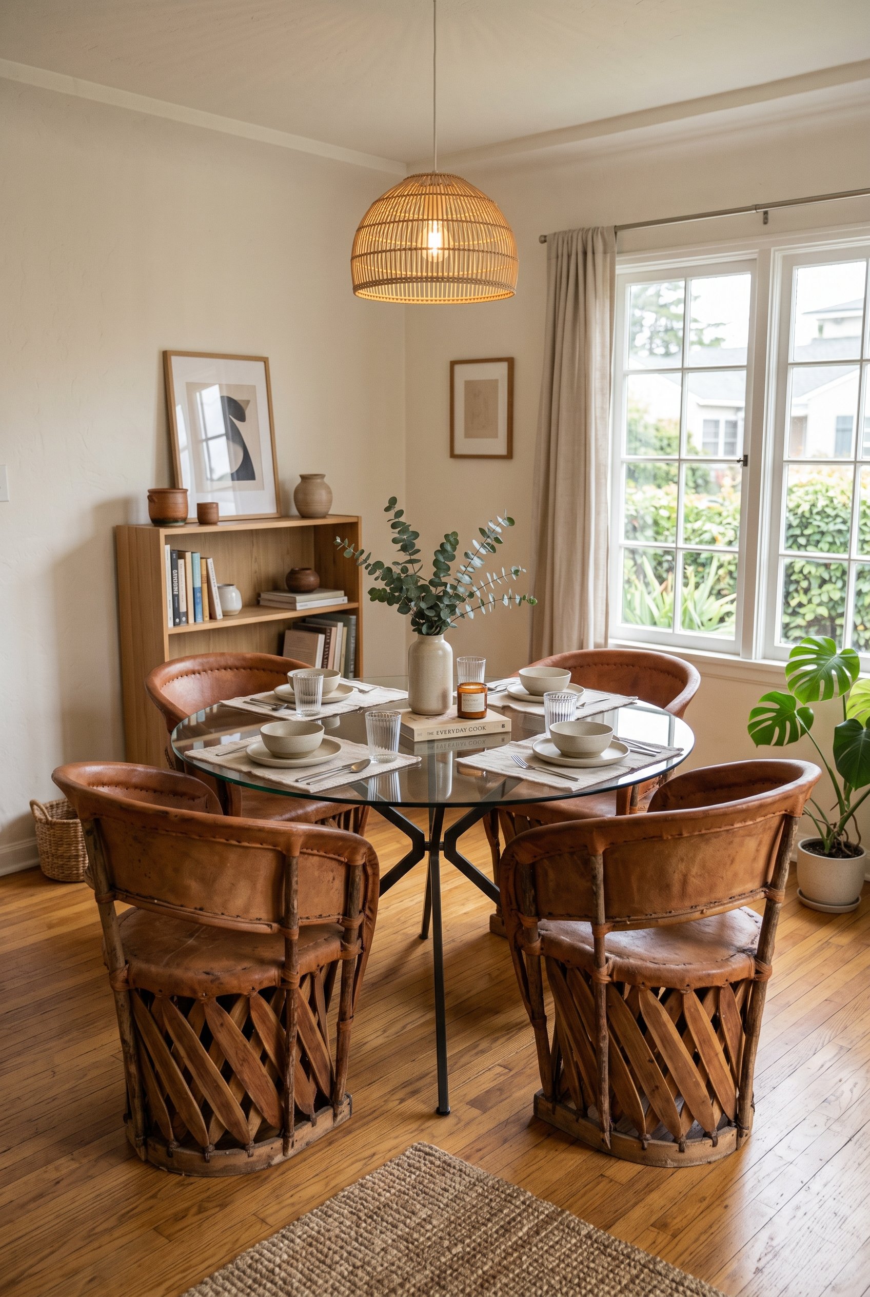 Photorealistic interior photo. Dining room featuring a sleek modern glass dining table surrounded by four traditional pigskin and cedar equipal chairs. Minimalist background, editorial photography sty