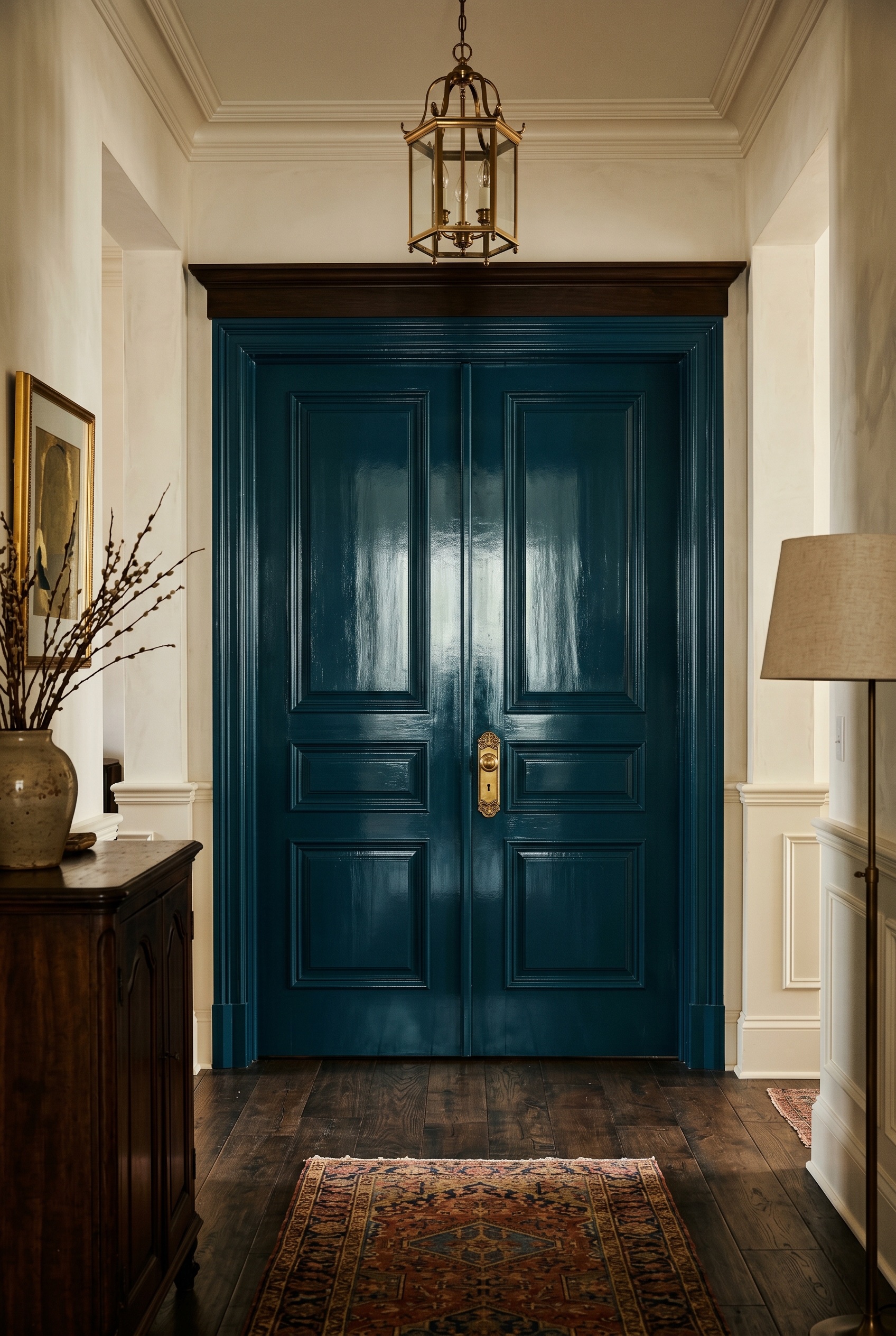 Photorealistic interior photo. Double interior doors painted in a deeply saturated, dark glossy teal-blue, contrasting against creamy white walls and a gold brass doorknob. Rich, dramatic lighting. Ed