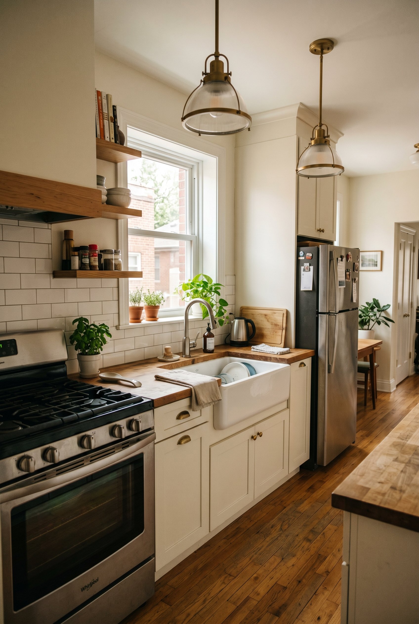 Photorealistic interior photo. Efficient kitchen work triangle layout showing a seamless flow between a stainless gas range, a farmhouse sink, and a refrigerator, overhead lighting. Editorial photogra