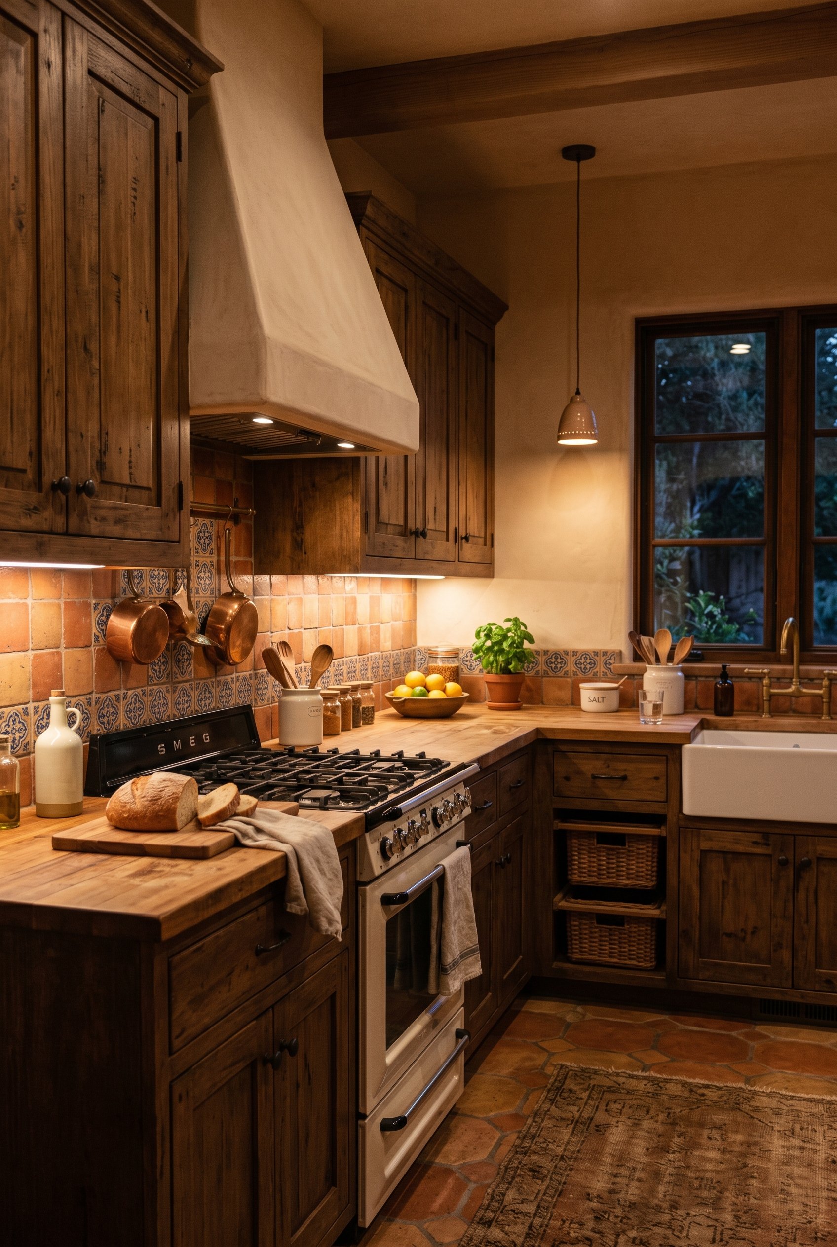 Photorealistic interior photo. Evening shot of a Mediterranean kitchen. Extremely warm 2700K smart LED strip lighting glowing softly from under wooden cabinets, illuminating a tile backsplash. Editori