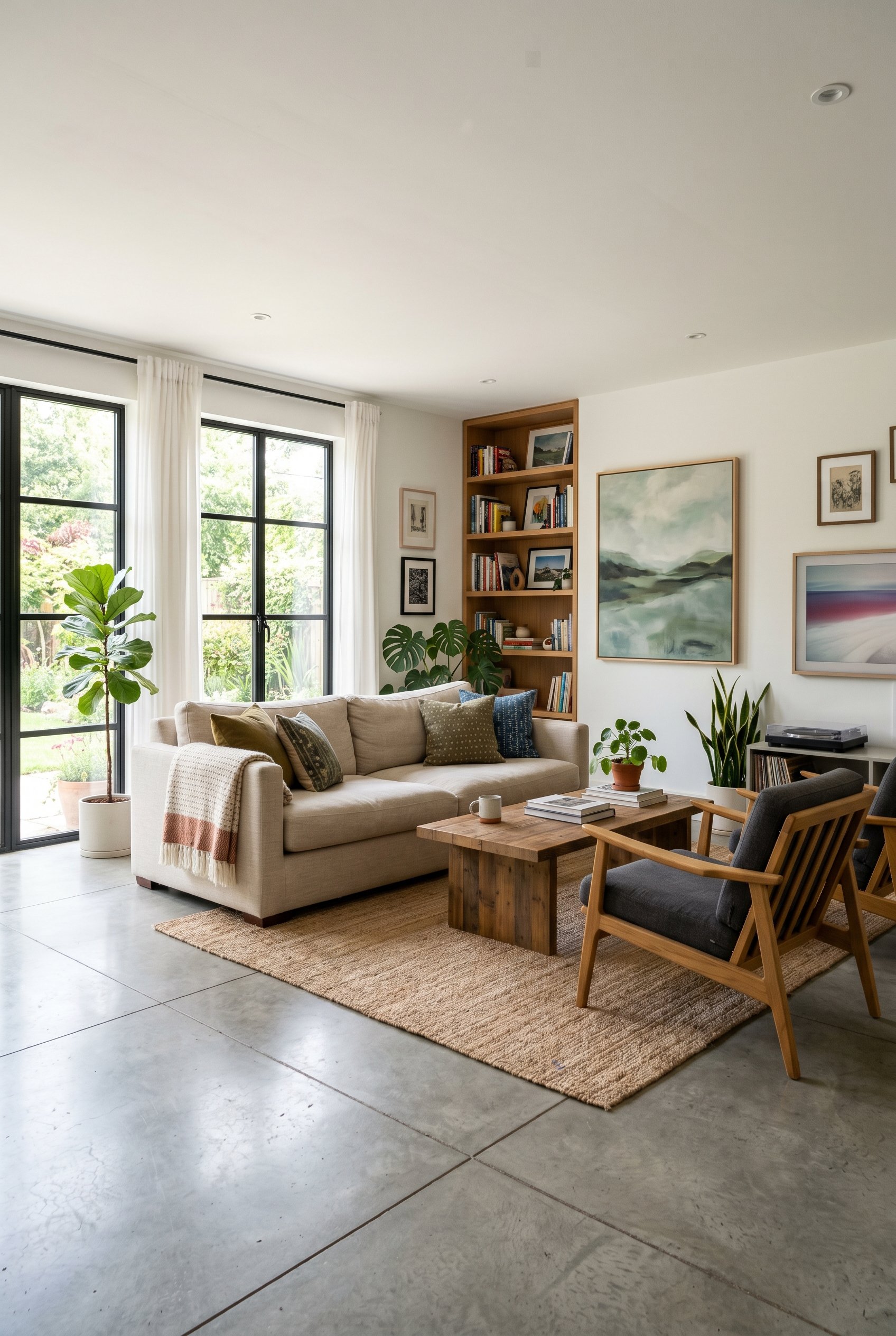 Photorealistic interior photo. Expansive living room with concrete floor scored into a large 4x4 foot faux-tile grid pattern, clean modern lines, bright afternoon sun. Editorial photography style, no