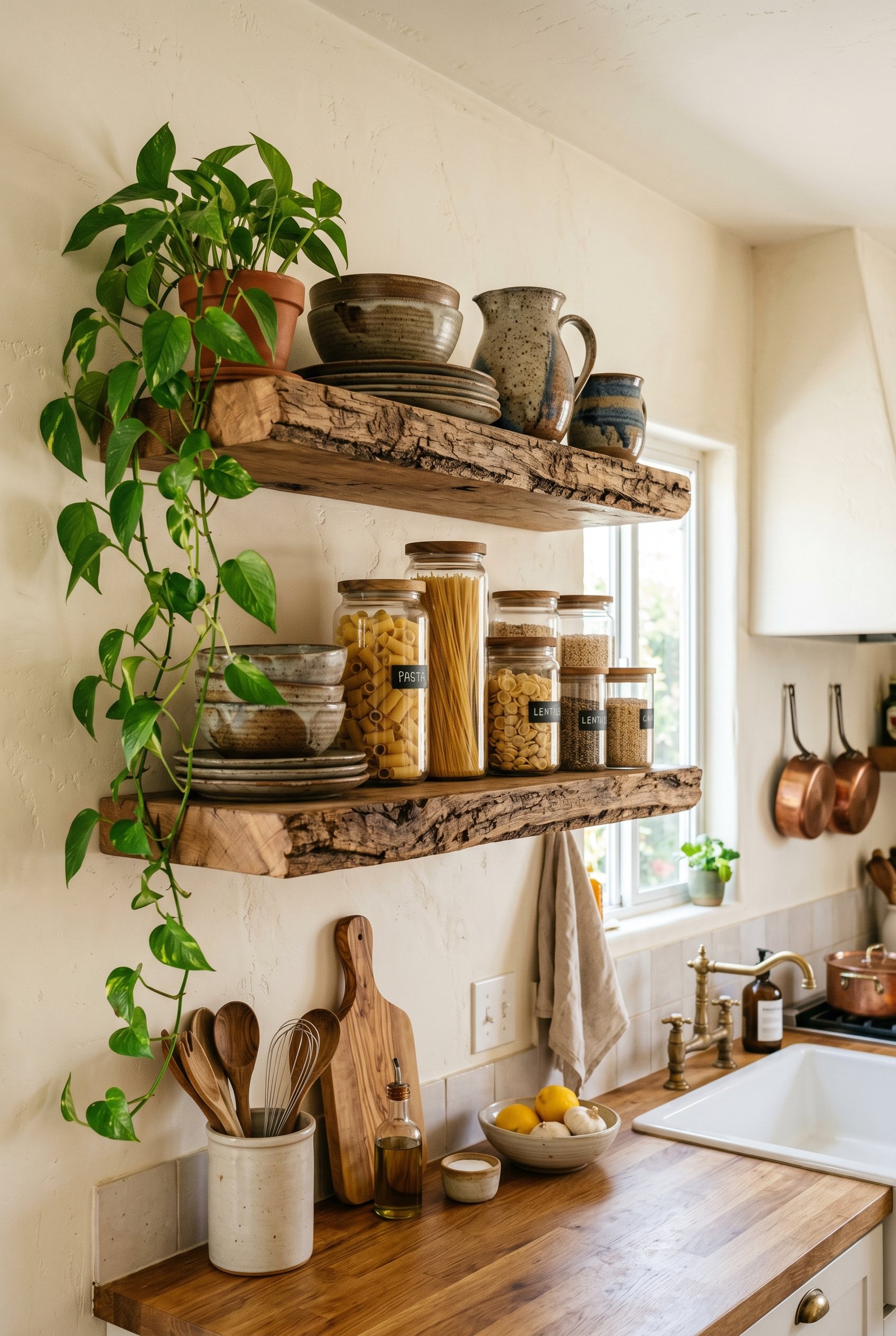 Photorealistic interior photo. Extremely thick, raw-edge reclaimed wood floating shelves in a Mediterranean kitchen. Shelves are styled with heavy stoneware, glass jars of pasta, and trailing pothos p