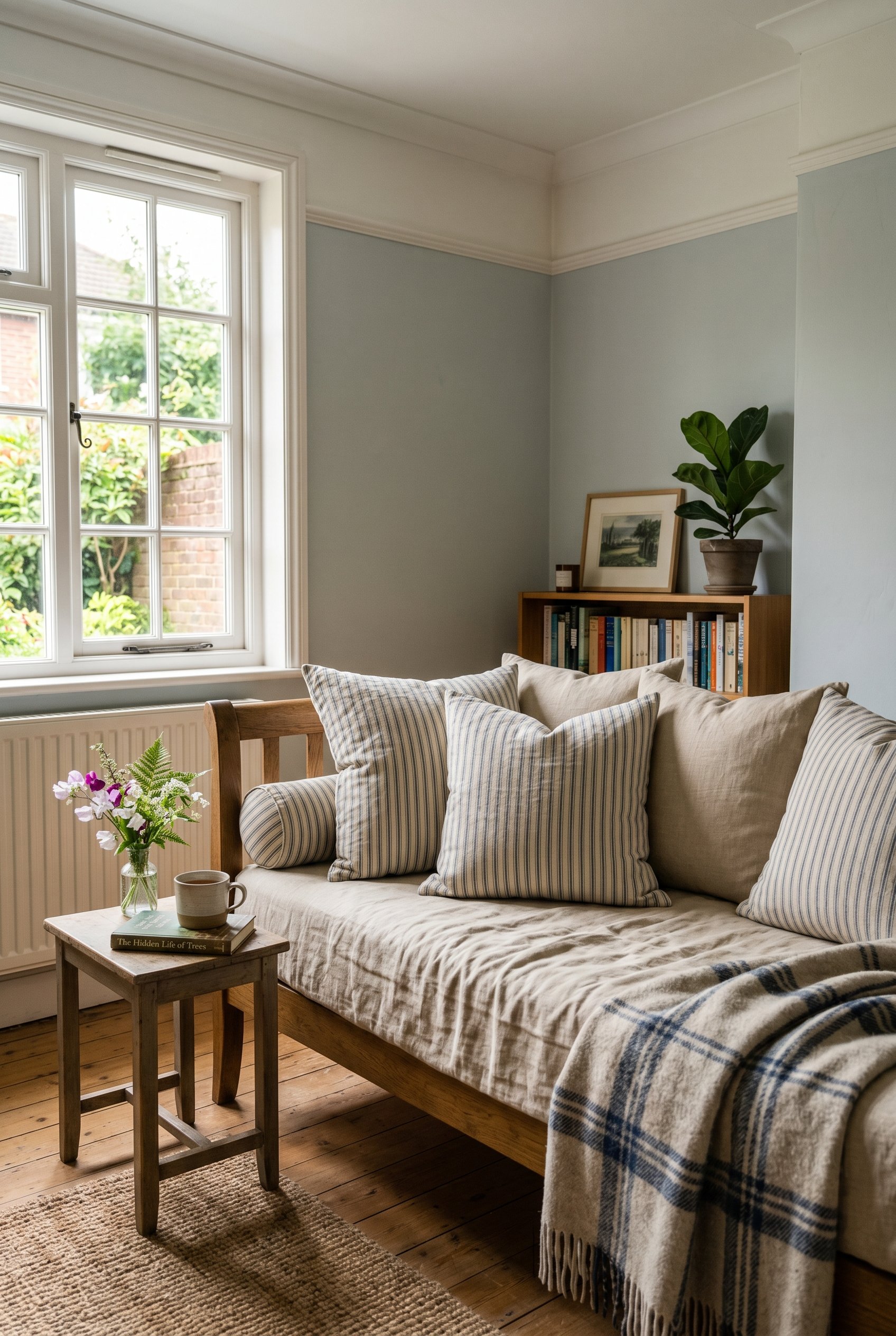 Photorealistic interior photo. Faded blue ticking stripe linen pillows on a daybed. Editorial photography style, no people visible.