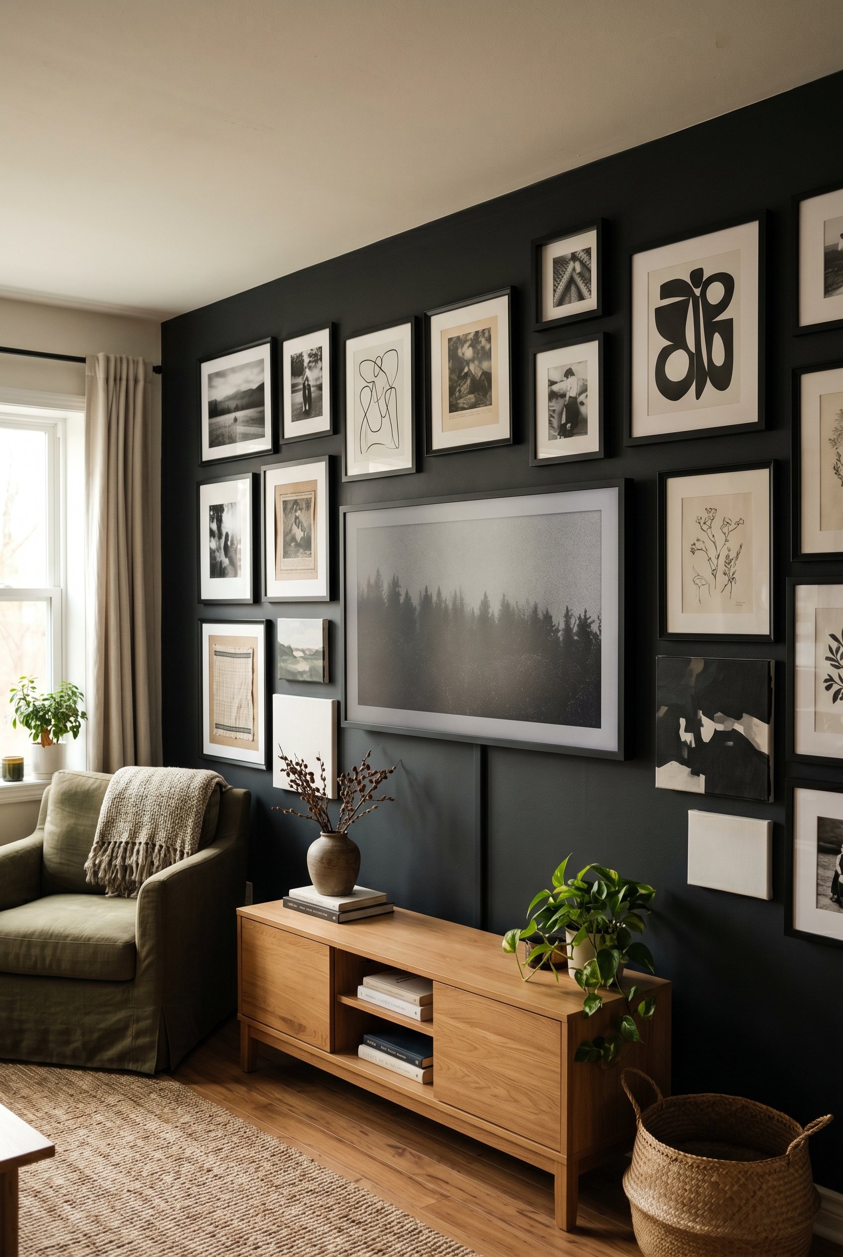 Photorealistic interior photo. Flat screen TV integrated seamlessly into a dark gallery wall, surrounded by black canvas art. Editorial photography style, no people visible.