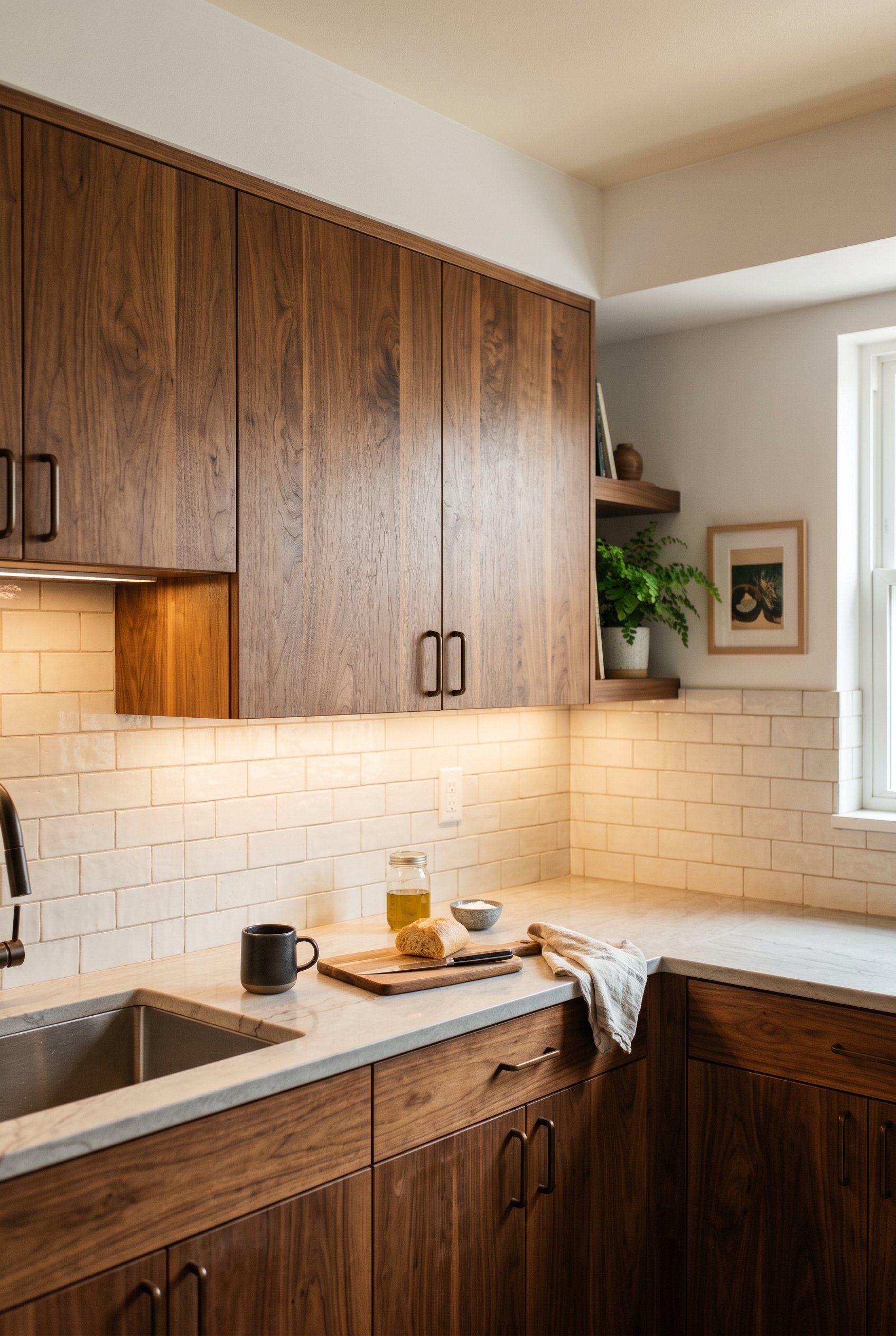 Photorealistic interior photo. Flat slab walnut cabinets finished with matte hard wax oil, showing rich natural wood grain, warm under-cabinet lighting, close-up angle. Editorial photography style, no