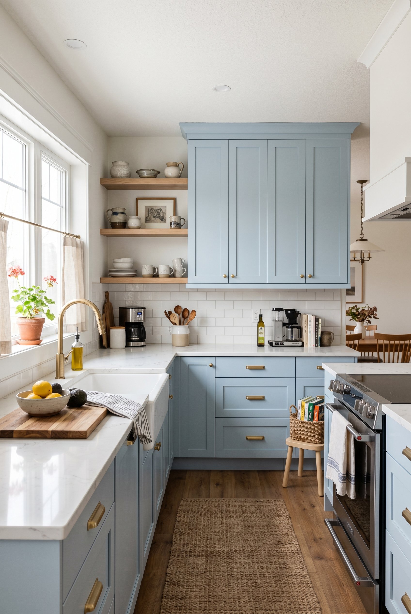 Photorealistic interior photo. Flawless factory-finished pale blue kitchen cabinets, perfectly smooth satin sheen, bright daylight, wide straight-on camera angle. Editorial photography style, no peopl
