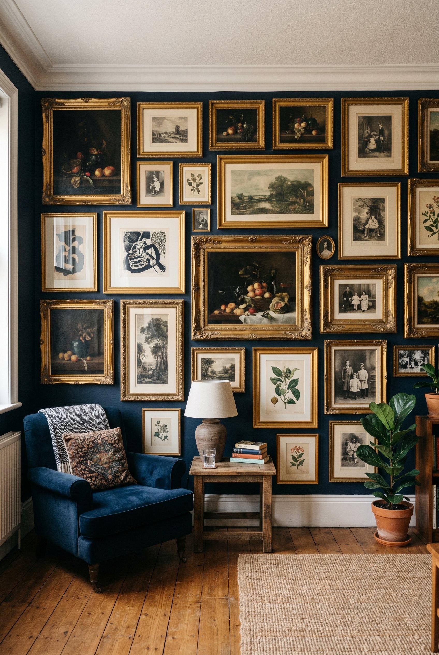 Photorealistic interior photo. Floor-to-ceiling mosaic gallery wall with overlapping vintage gold frames, varied art styles, dark background. Editorial photography style, no people visible.