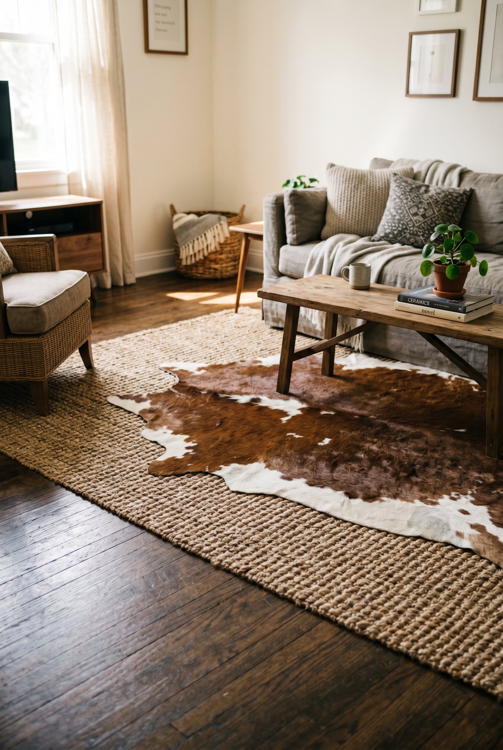 Photorealistic interior photo. Floor view showing a brown and white cowhide rug layered at an angle over a massive, chunky natural jute rug. Dark hardwood floors underneath. Editorial photography styl