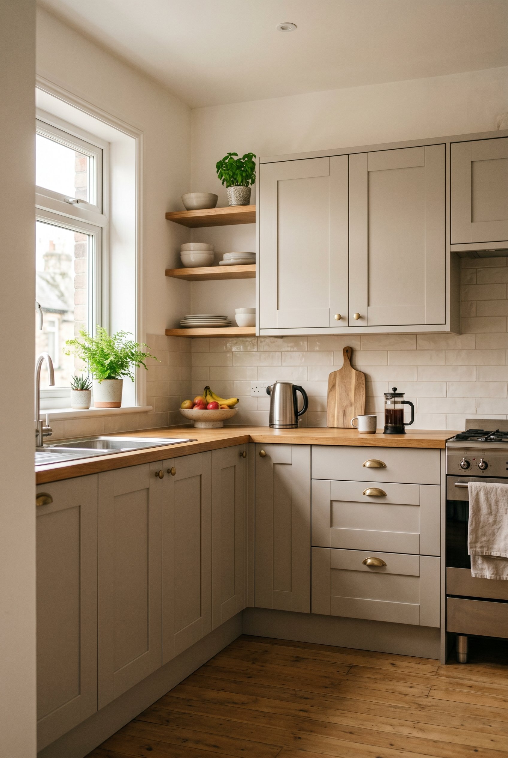 Photorealistic interior photo. Freshly painted soft greige kitchen cabinets, modern minimalist aesthetic, soft morning light, angled shot showing smooth finish. Editorial photography style, no people 