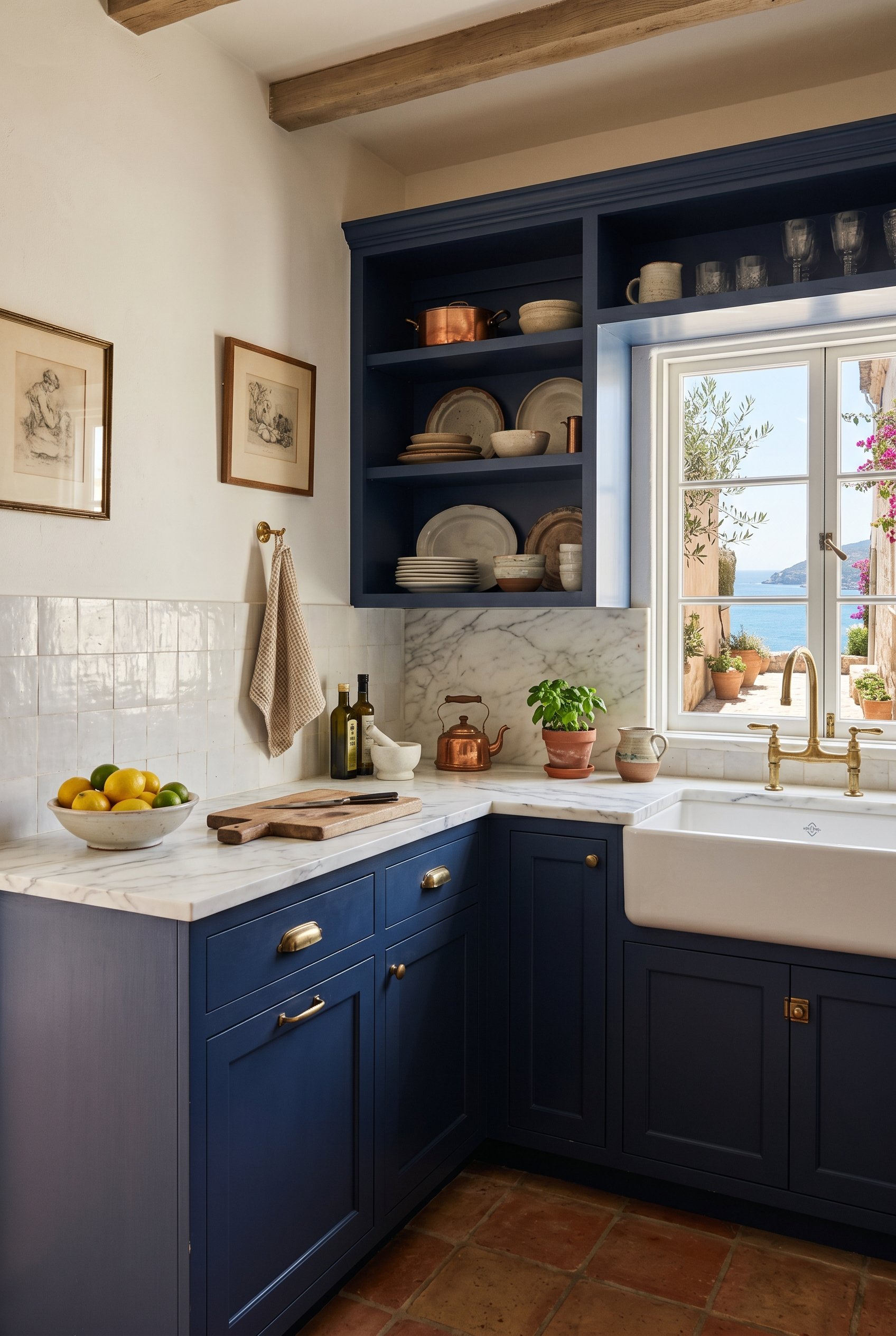 Photorealistic interior photo. Greek-inspired Mediterranean kitchen base cabinets painted deep indigo blue, white marble countertops, brass hardware, sunny coastal lighting. Editorial photography styl