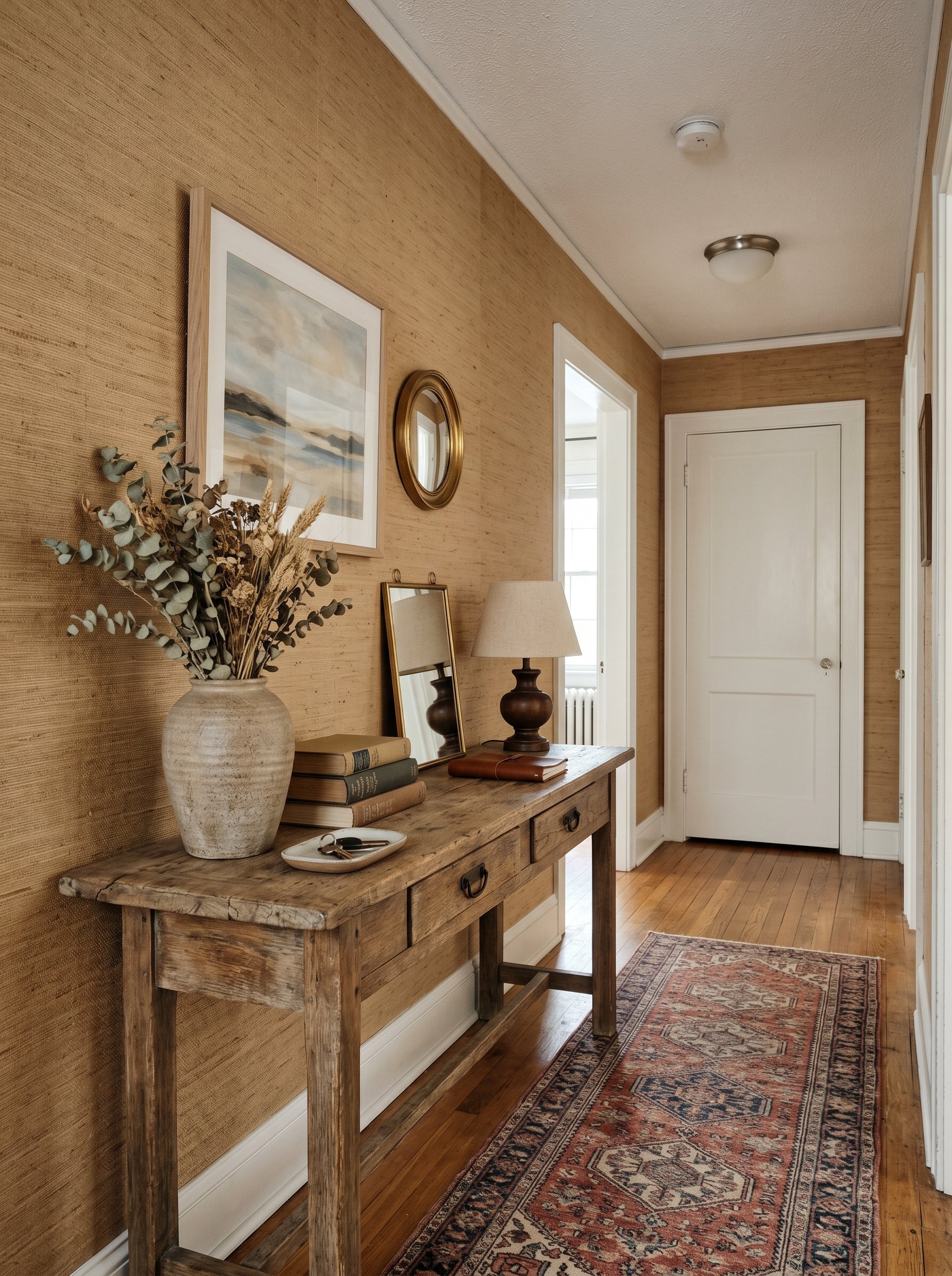 Photorealistic interior photo. Hallway featuring tan grasscloth wallpaper and a weathered wood console table. Editorial photography style, no people visible.