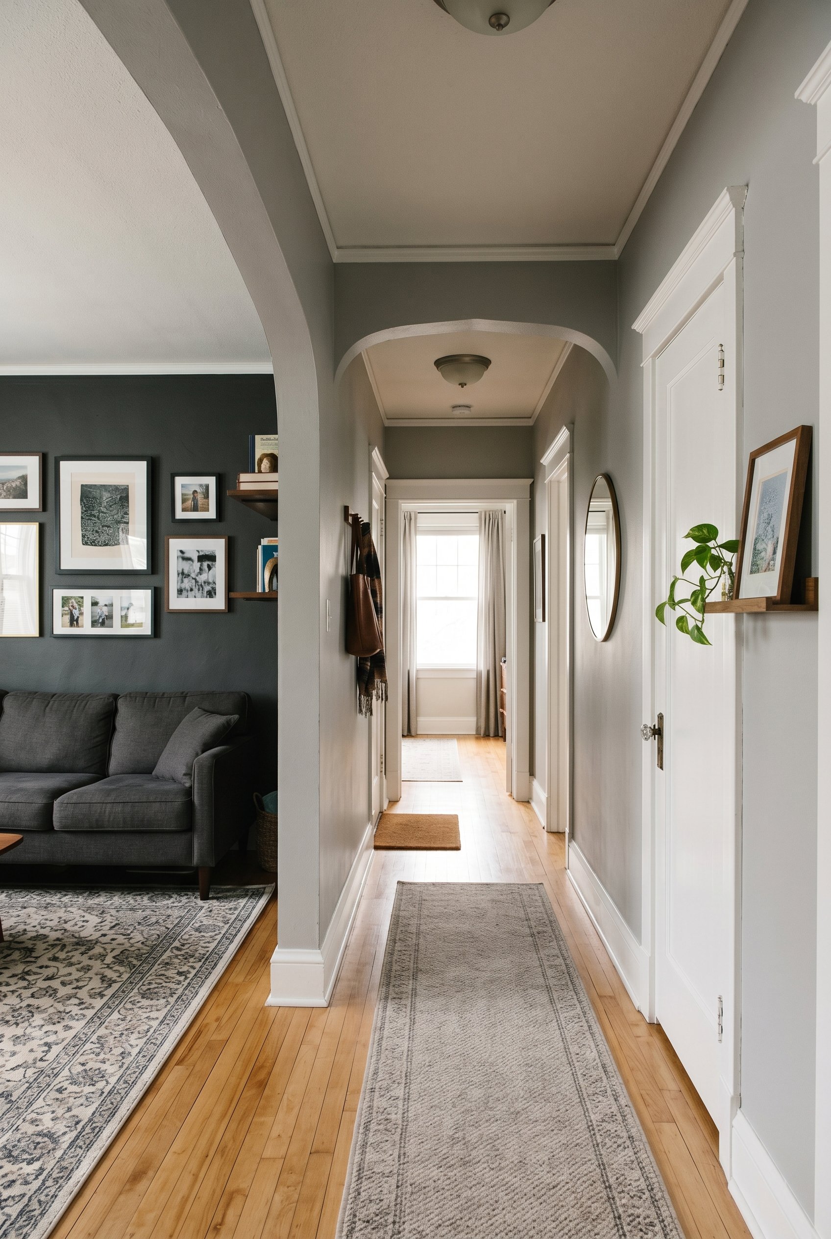 Photorealistic interior photo. Hallway transition, charcoal gray living room bleeding into a lighter mid-tone gray hallway space, soft natural light, wide camera angle. Editorial photography style, no