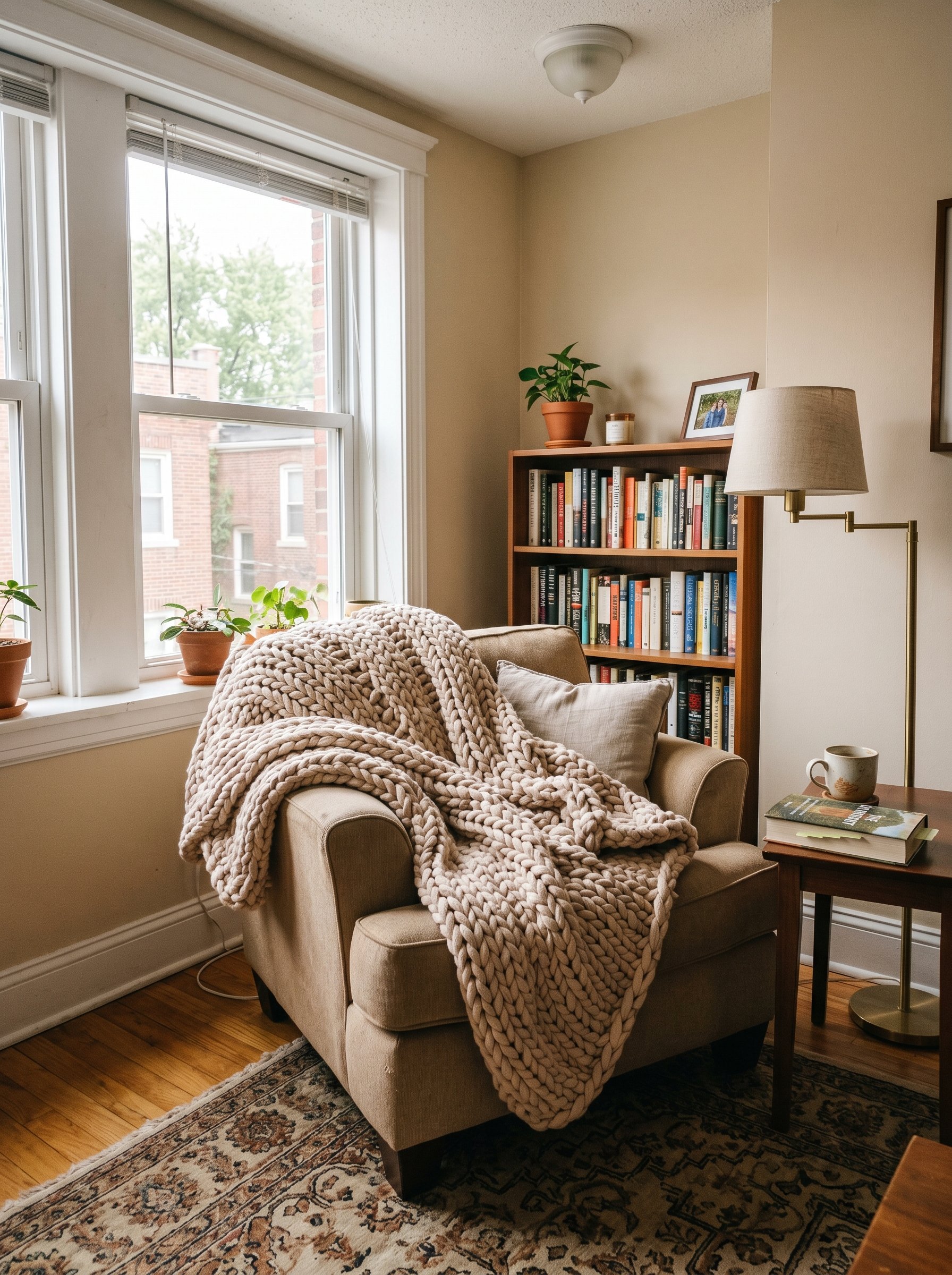 Photorealistic interior photo. Heavy chunky cotton knit blanket draped over a cozy reading chair in soft beige. Editorial photography style, no people visible.