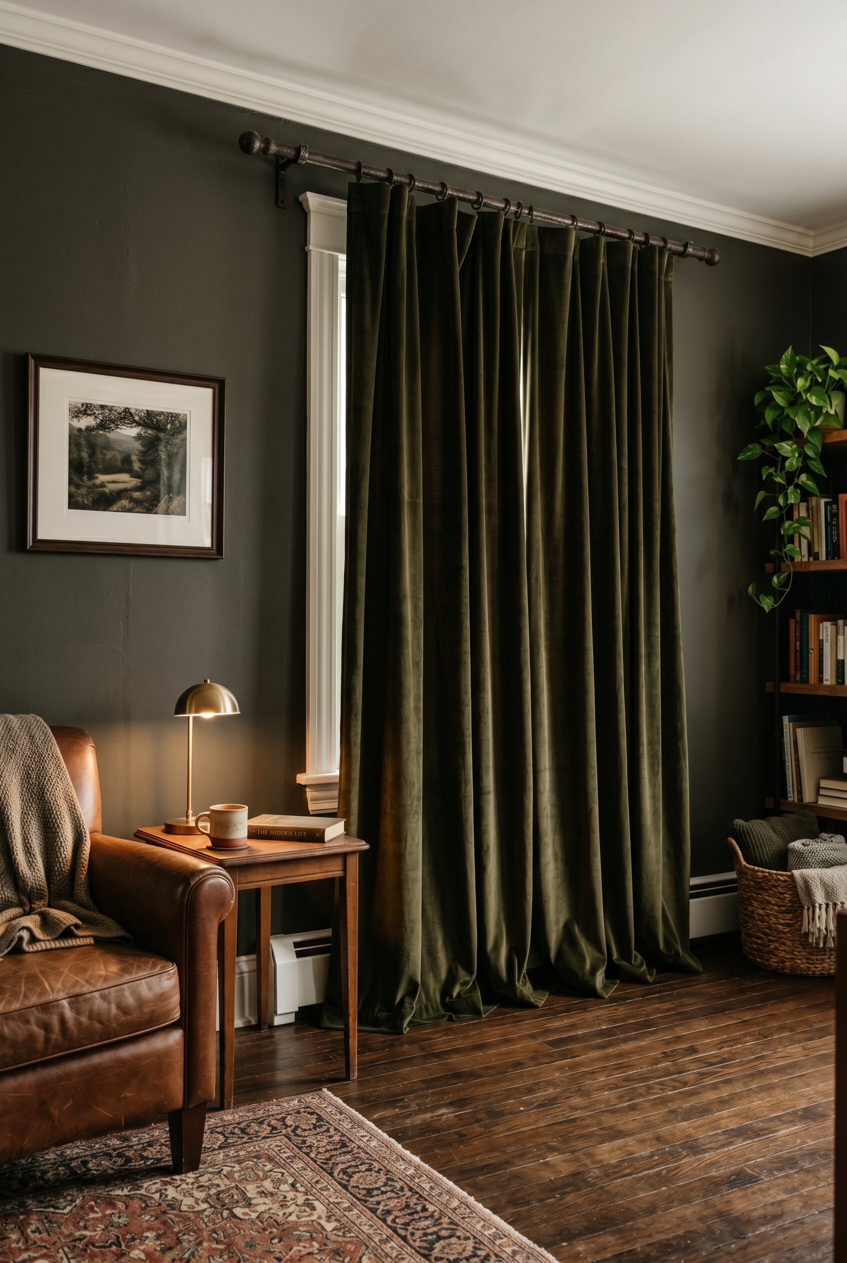 Photorealistic interior photo. Heavy dark olive velvet curtains hanging from a forged iron rod mounted close to the ceiling, pooling slightly on dark hardwood floors. A dark painted wall is visible be