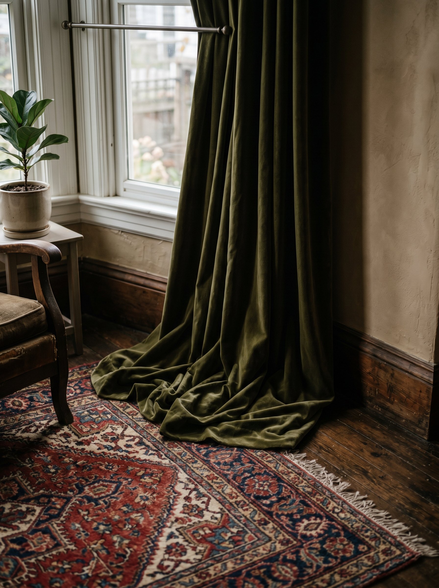 Photorealistic interior photo. Heavy olive green velvet curtains pooling on a vintage Persian rug, dark and moody lighting, detail shot from waist height. Editorial photography style, no people visibl