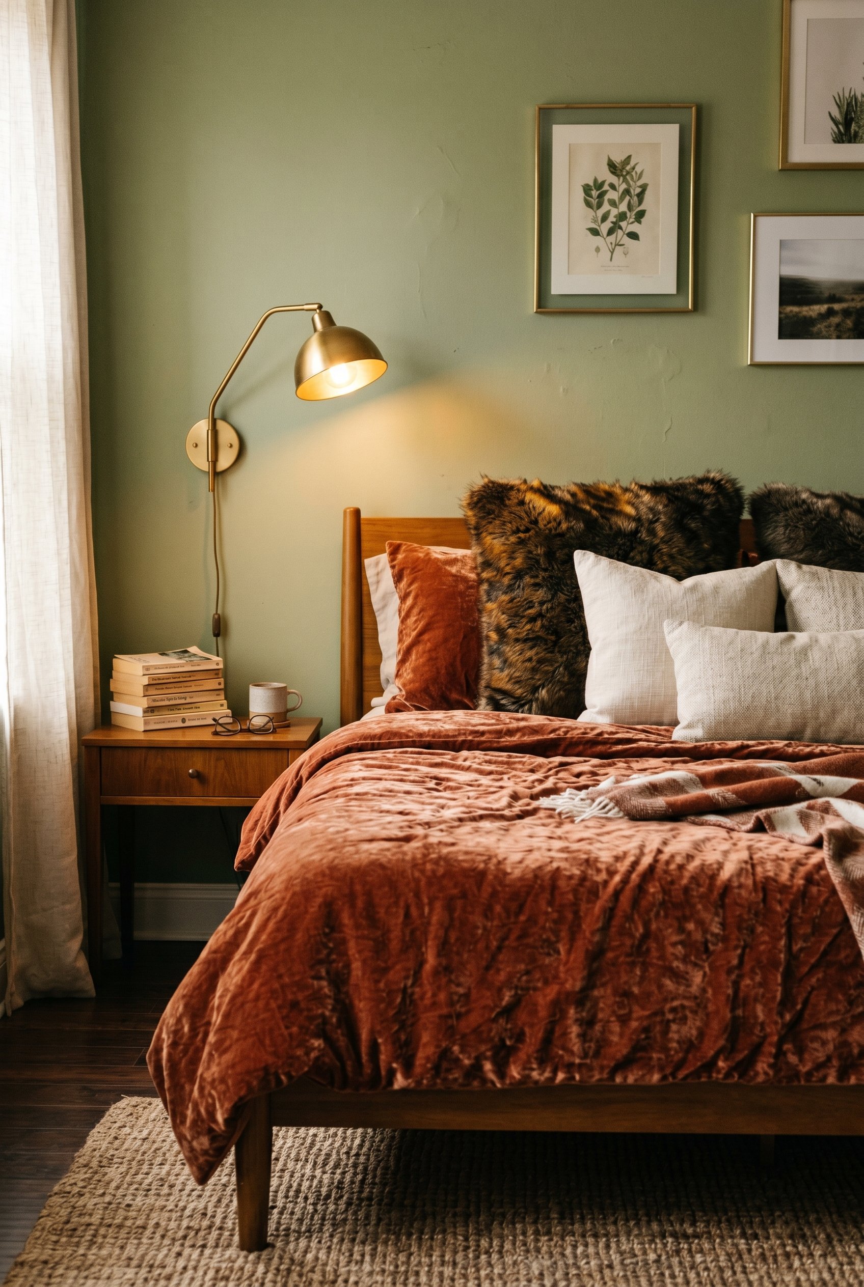 Photorealistic interior photo. Heavy rust-colored velvet duvet with faux fur pillows on a bed, low ceiling, warm brass reading lamps. Editorial photography style, no people visible.