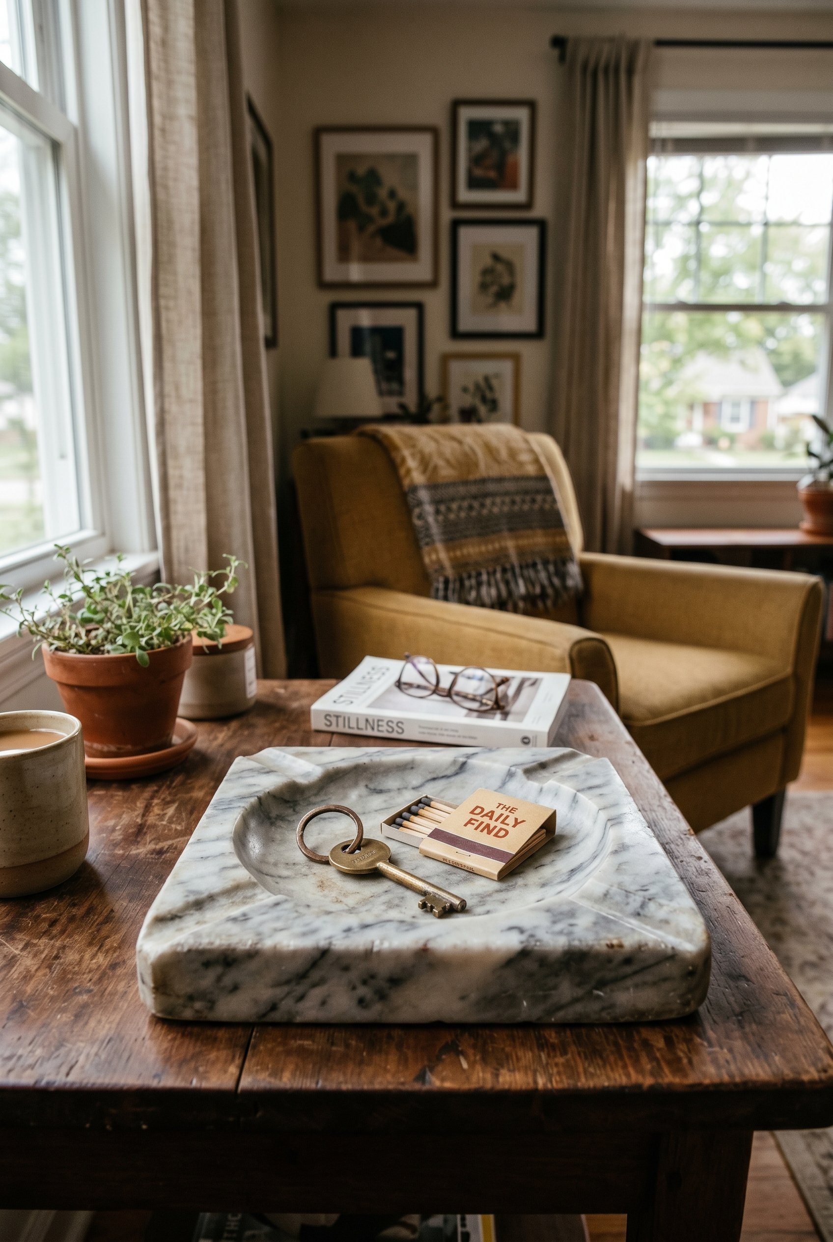 Photorealistic interior photo. Heavy vintage marble ashtray used as a catchall tray on a wooden table, holding a brass key and a matchbook. Soft lighting, editorial photography style, no people visibl