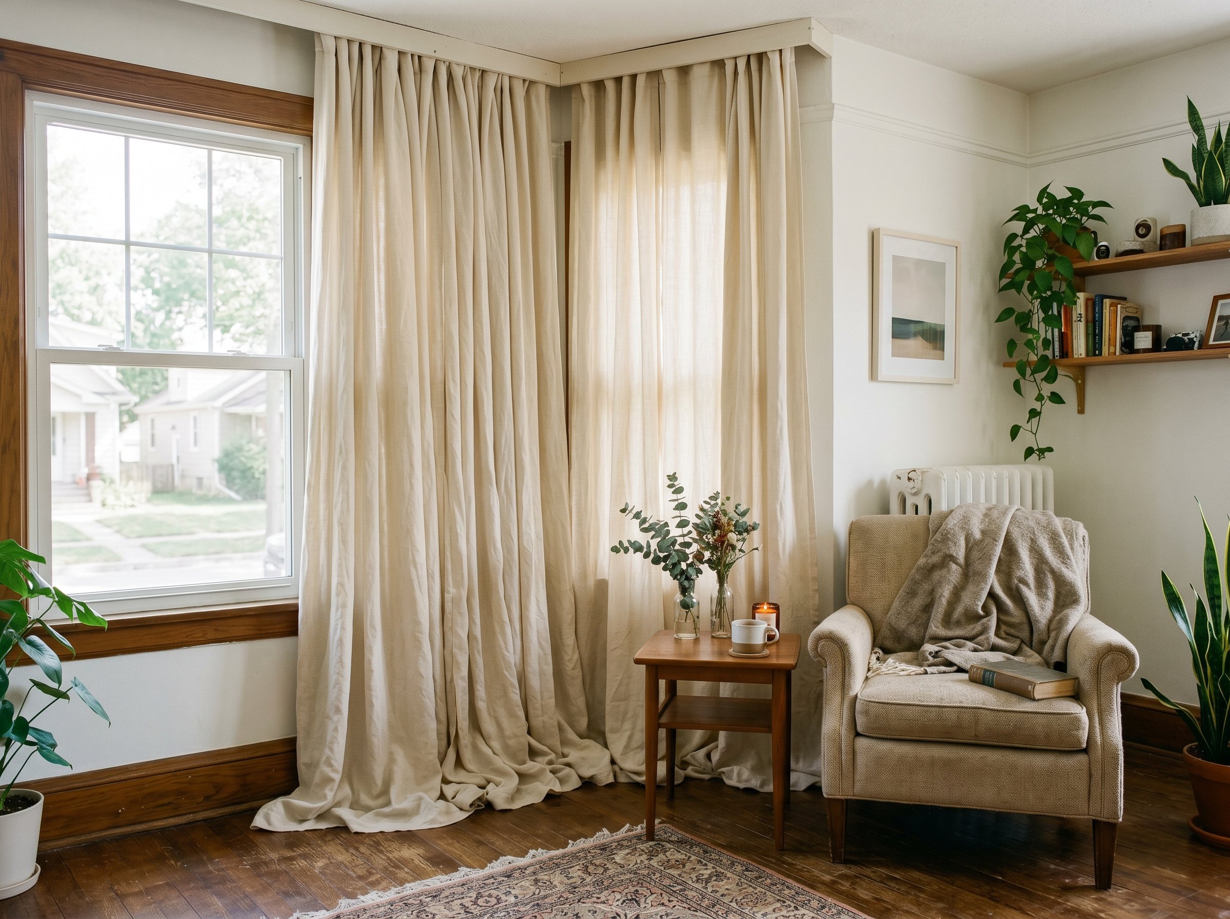 Photorealistic interior photo. Heavyweight cream linen curtains hung from the ceiling down to the floor, beautifully pooled. Bright natural window light, editorial photography style, no people visible