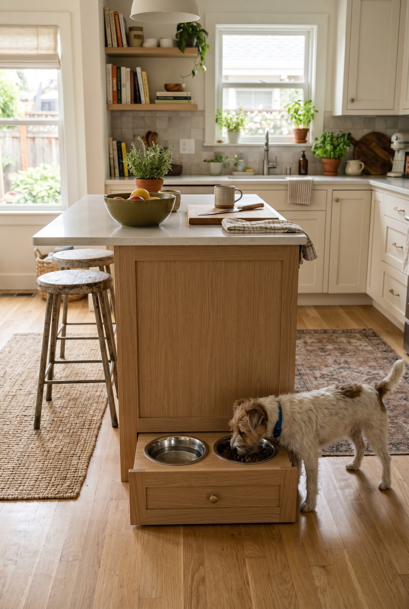 Photorealistic interior photo. Hidden dog feeding station built into the base of a white oak kitchen island, stainless steel water bowls, natural light. Editorial photography style, no people visible.