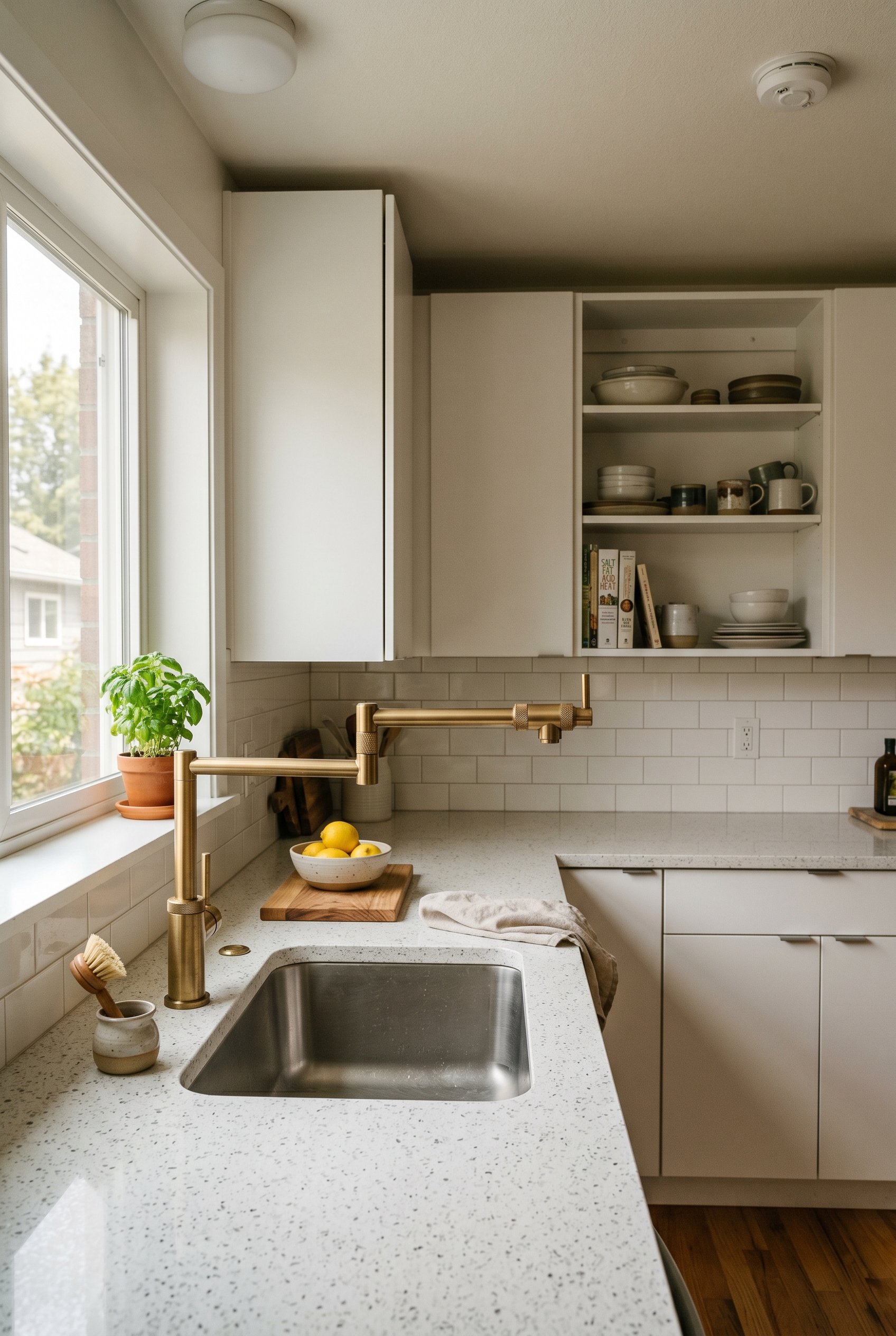 Photorealistic interior photo. High-end articulating brass Brizo faucet mounted on a modern quartz countertop with simple, budget-friendly flat slab cabinets in the background. Editorial photography s