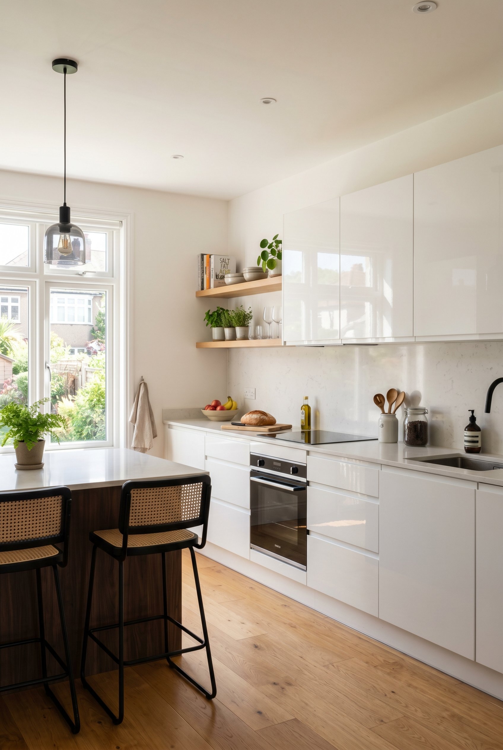 Photorealistic interior photo. High-gloss white modern kitchen cabinets reflecting natural light from a window, clean contemporary style, wide camera angle. Editorial photography style, no people visi