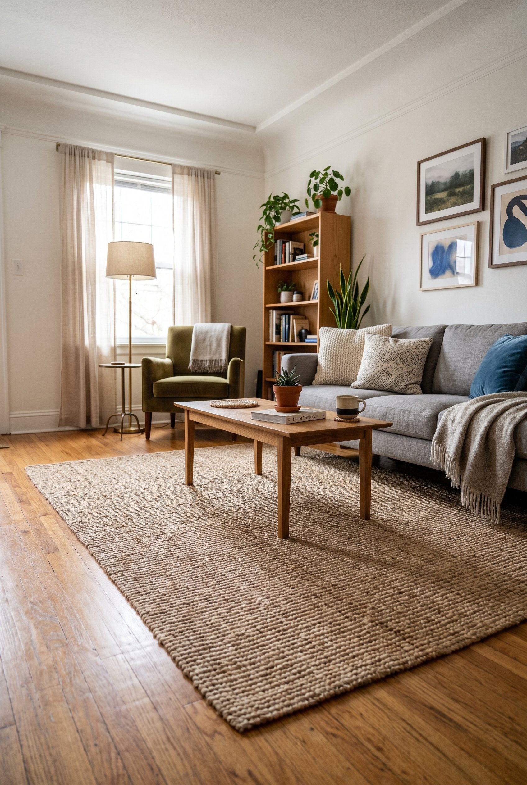 Photorealistic interior photo. High-quality tightly woven bleached jute rug on a hardwood floor, viewed from a low angle. Editorial photography style, no people visible.