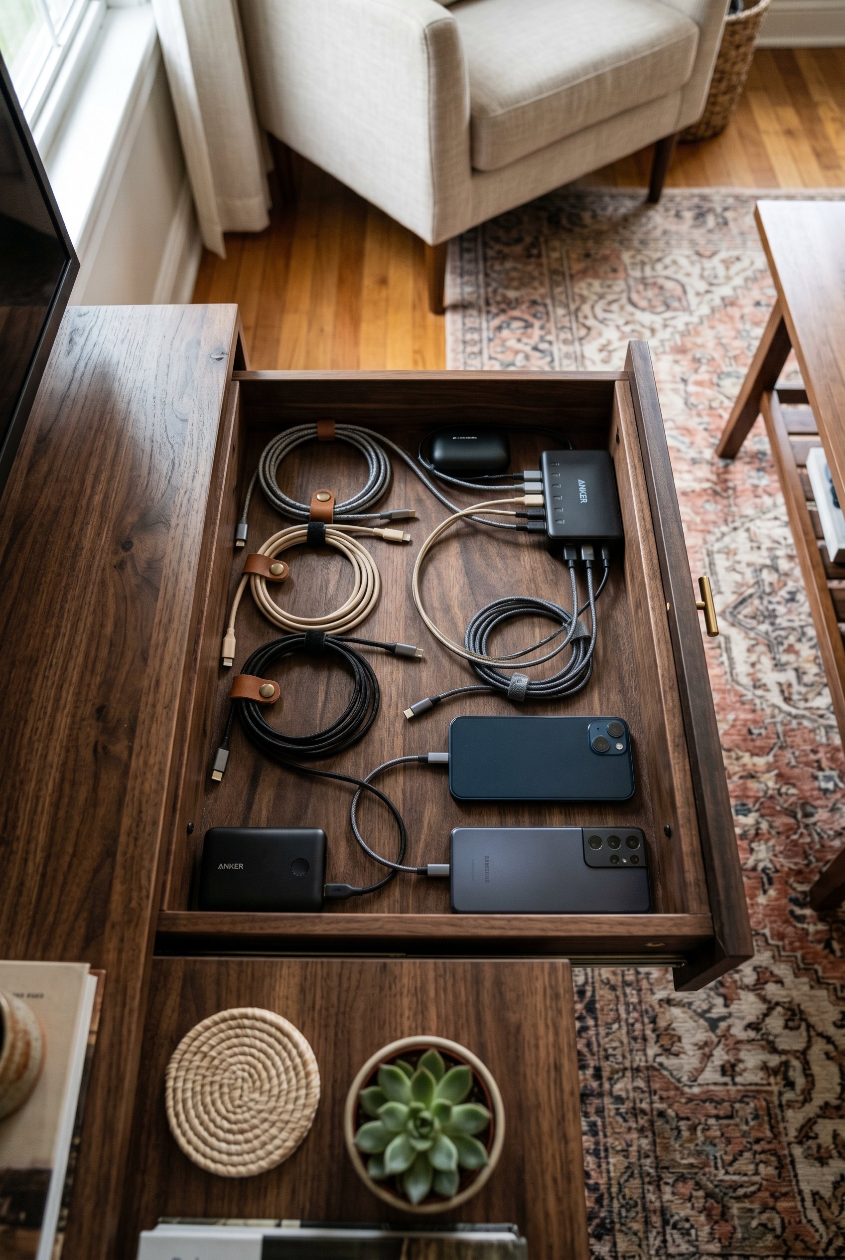 Photorealistic interior photo. Inside of a dark wood console drawer acting as a hidden charging station with neatly arranged phone cables. Top-down view, editorial photography style, no people visible