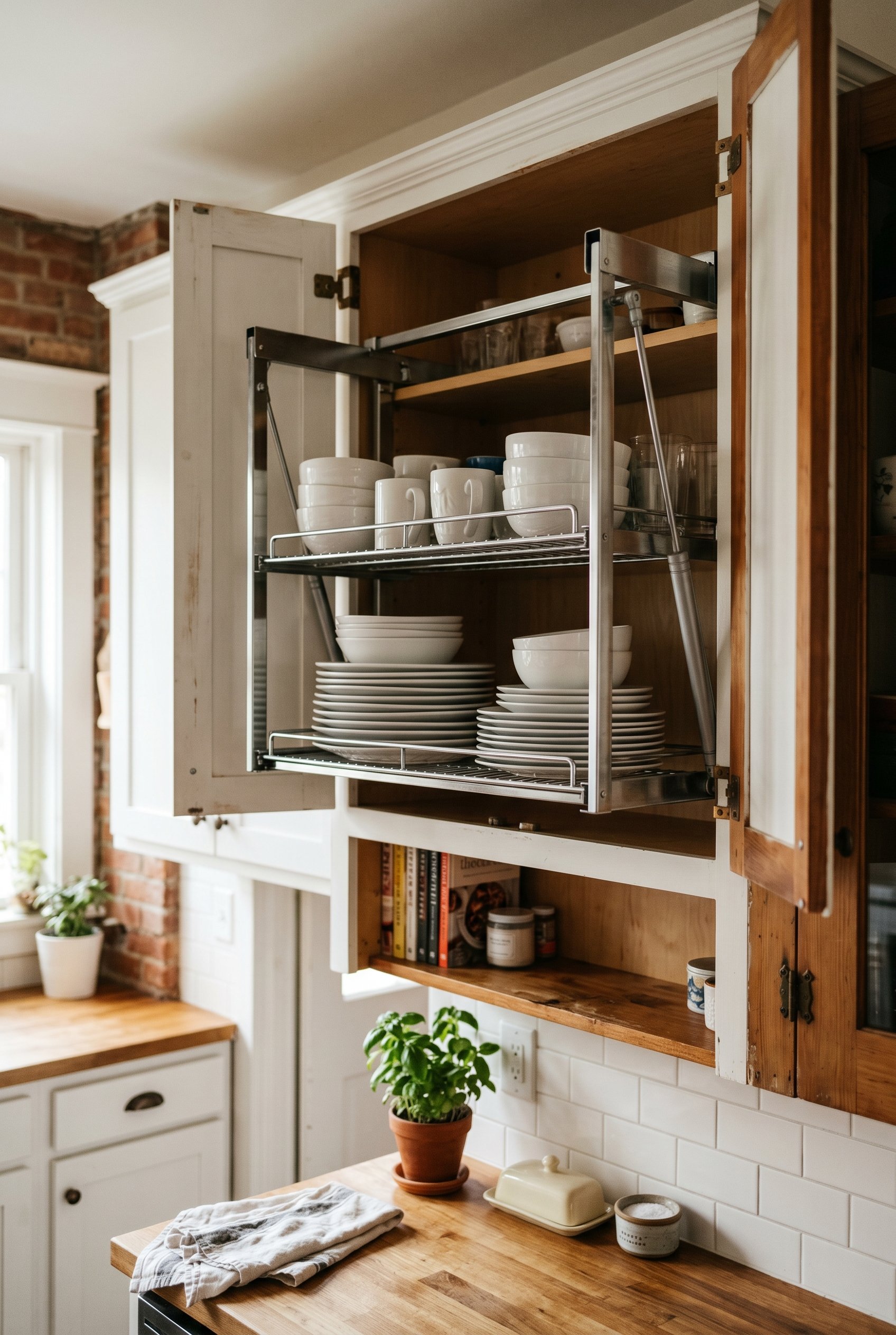 Photorealistic interior photo. Inside of a kitchen upper cabinet showing a metal pull-down shelving mechanism holding plates, pulled down slightly to eye level. Editorial photography style, no people