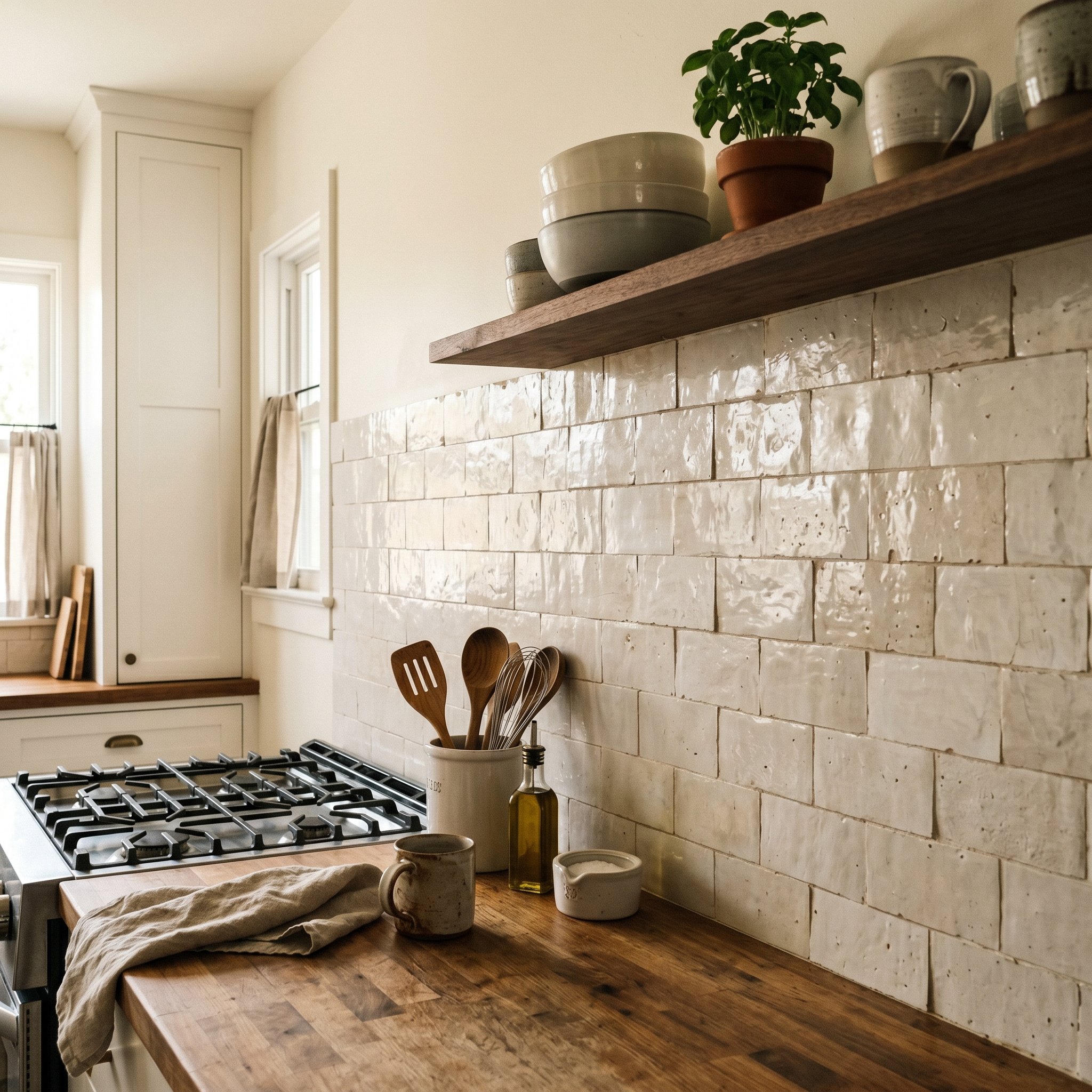 Photorealistic interior photo. Kitchen backsplash featuring heavily textured, imperfect handmade Zellige-style subway tiles in a warm off-white, installed with no visible grout lines, side angle showi