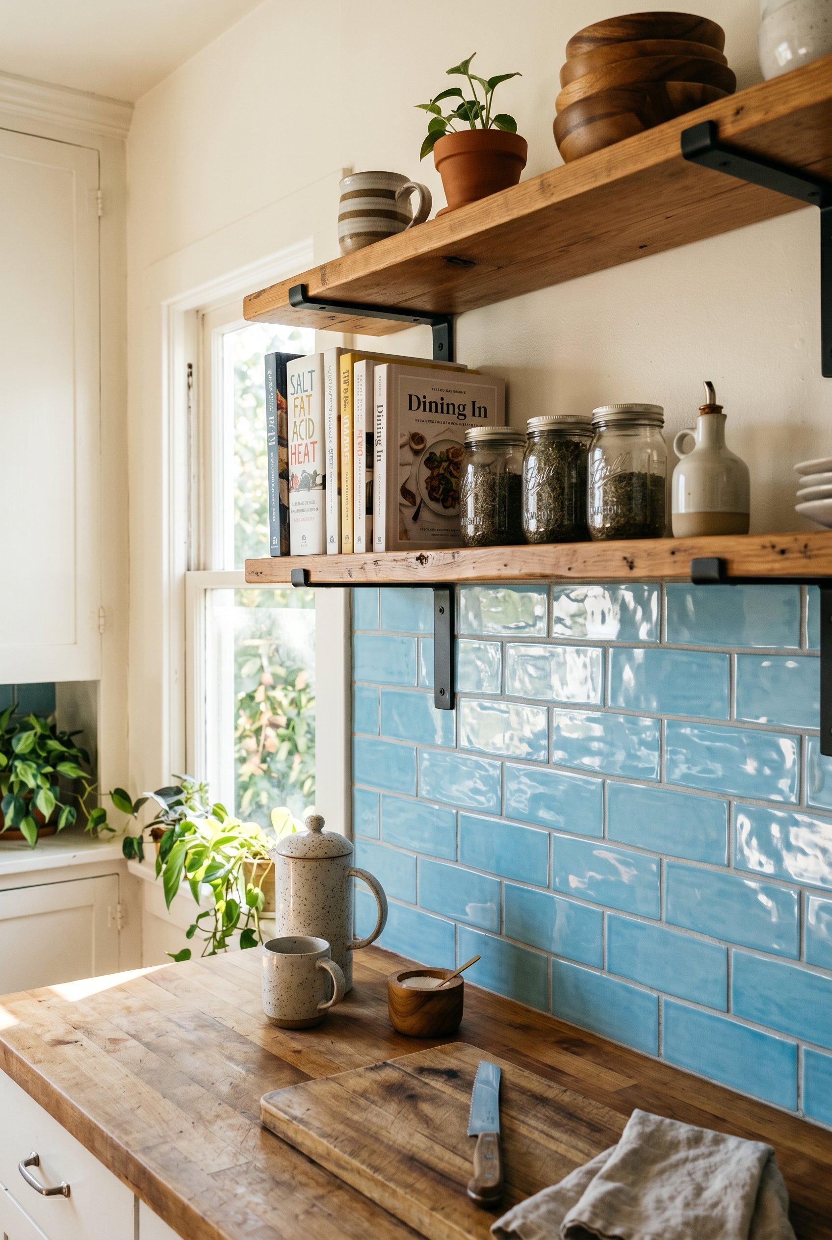 Photorealistic interior photo. Kitchen backsplash with highly glossy, slightly wavy light blue ceramic subway tile catching morning sunlight, warm wood shelving above, side angle. Editorial photograph