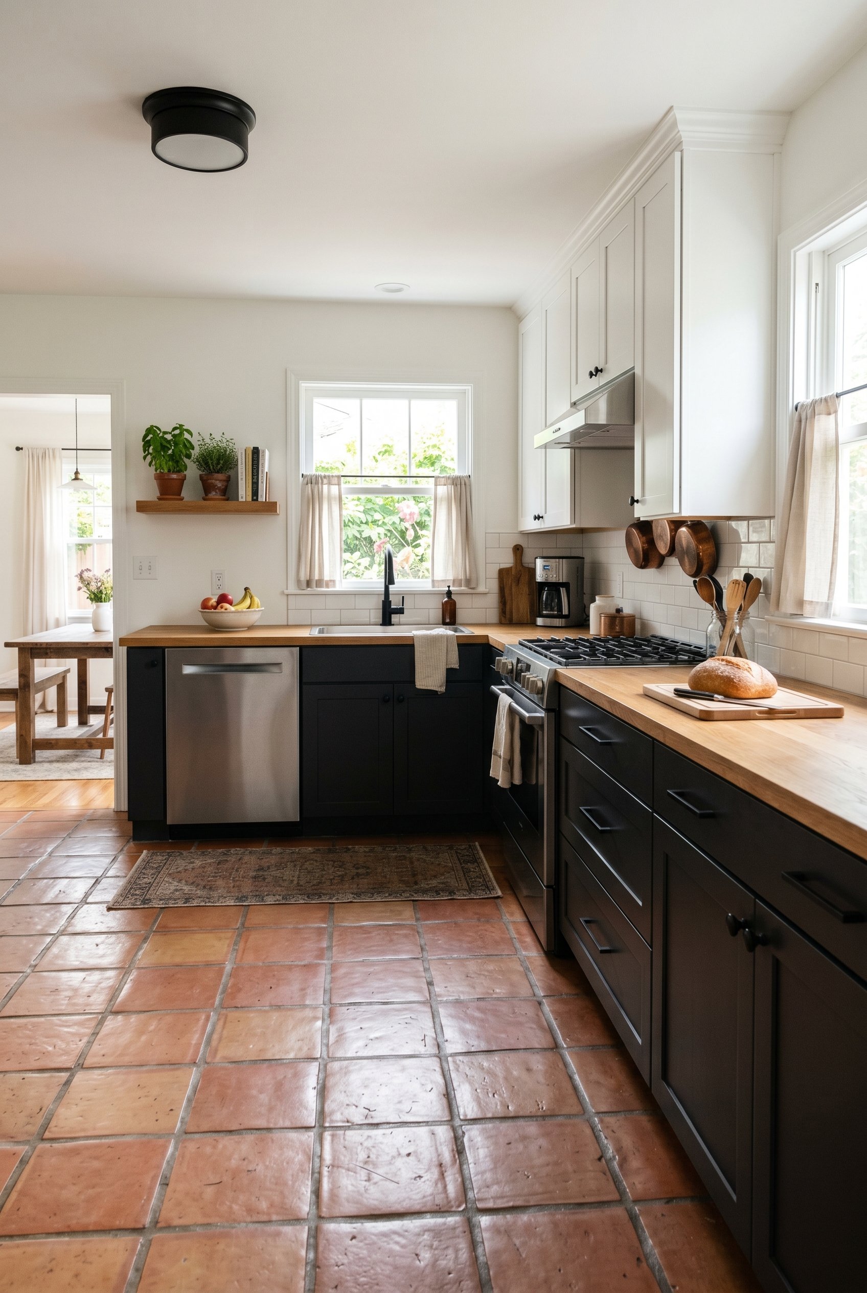 Photorealistic interior photo. Kitchen interior featuring authentic, sealed Saltillo floor tiles. Crisp white walls, dark lower cabinets with matte black hardware. Editorial photography style, bright 