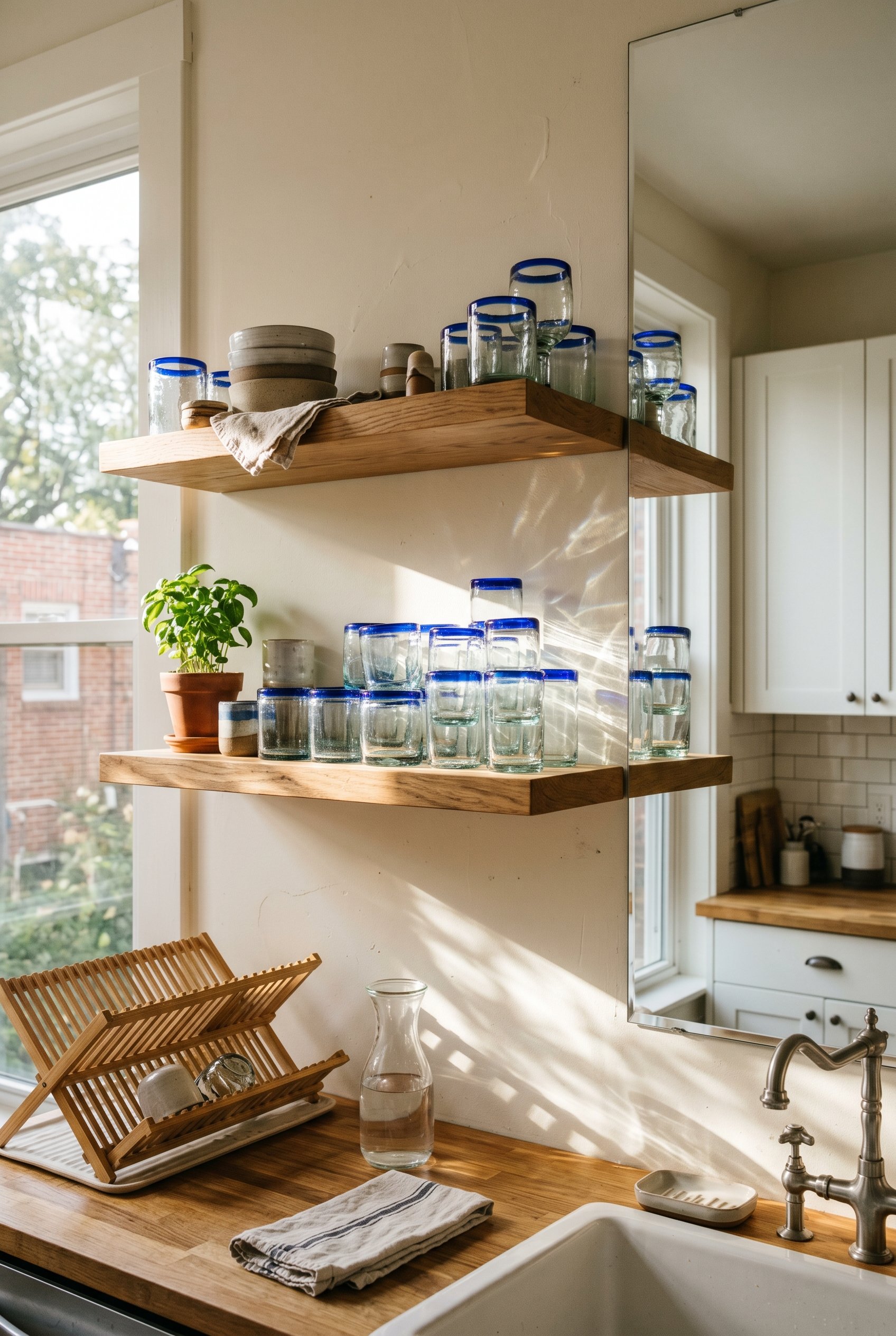 Photorealistic interior photo. Kitchen open floating oak shelves styled with stacks of recycled handblown glassware featuring thick blue rims. Sunlight hitting the glass, casting watery shadows. Edito