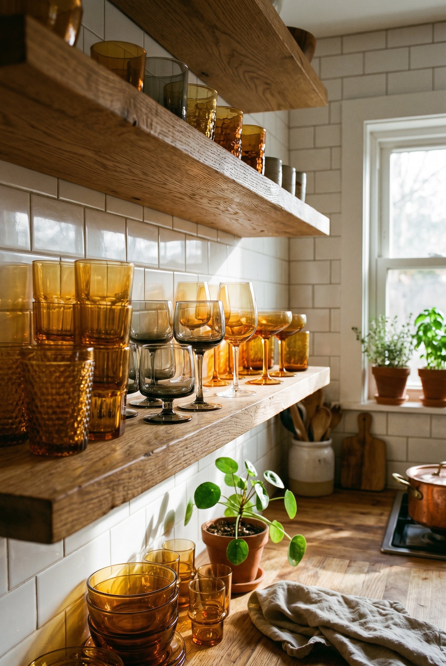 Photorealistic interior photo. Kitchen open shelving styled with neat stacks of vintage smoked and amber glassware, natural sunlight hitting the glass casting warm reflections, close-up shot. Editoria