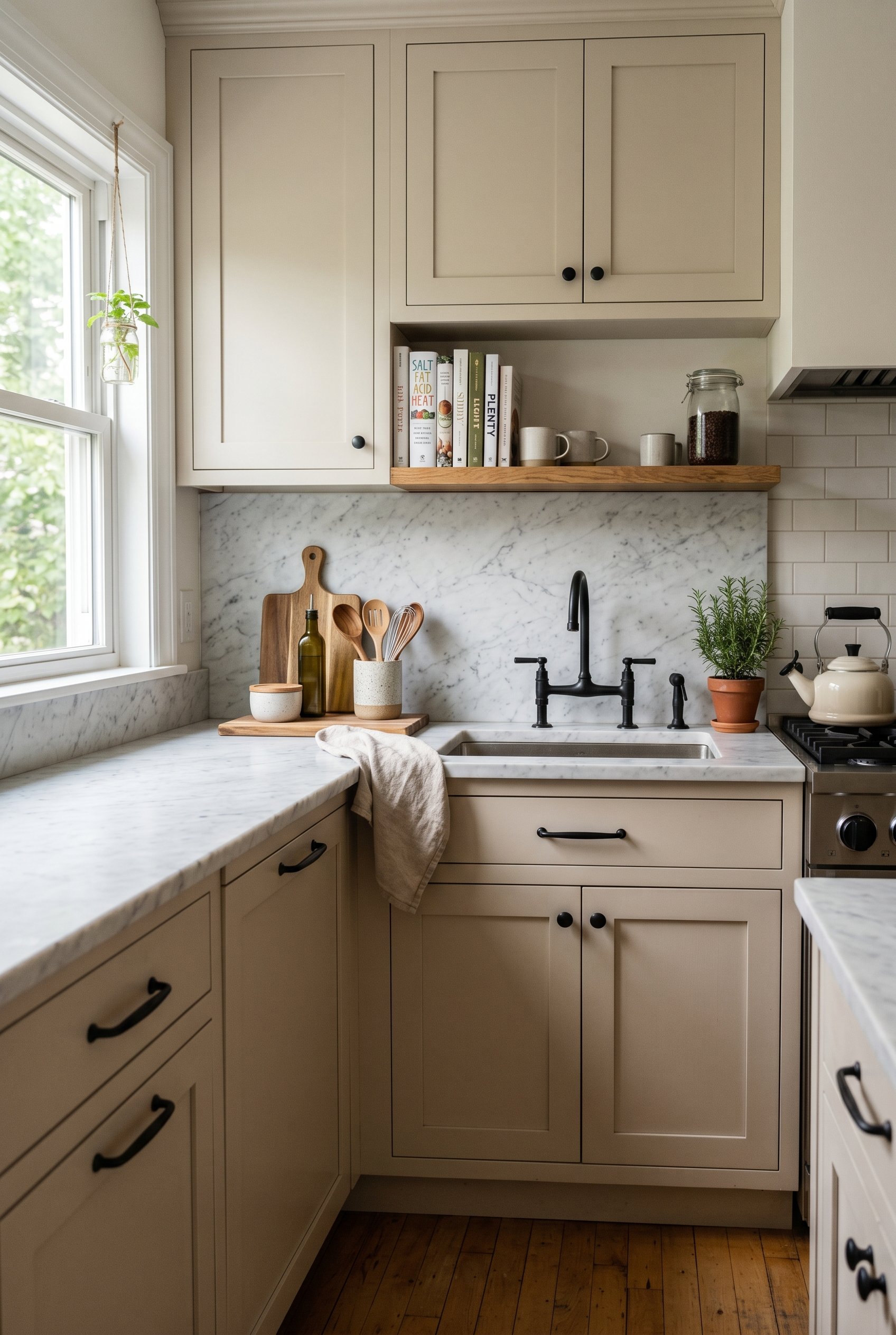 Photorealistic interior photo. Kitchen showcasing honed marble countertops and matte black hardware, soft natural lighting. Editorial photography style, no people visible.