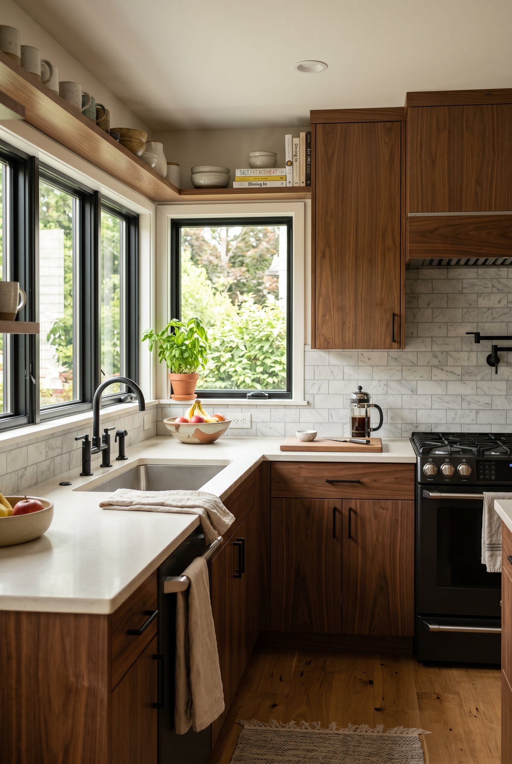 Photorealistic interior photo. Kitchen showing honed, chalky Carrera marble subway tile backsplash paired with flat-panel modern walnut wood cabinets, soft daylight. Editorial photography style, no pe