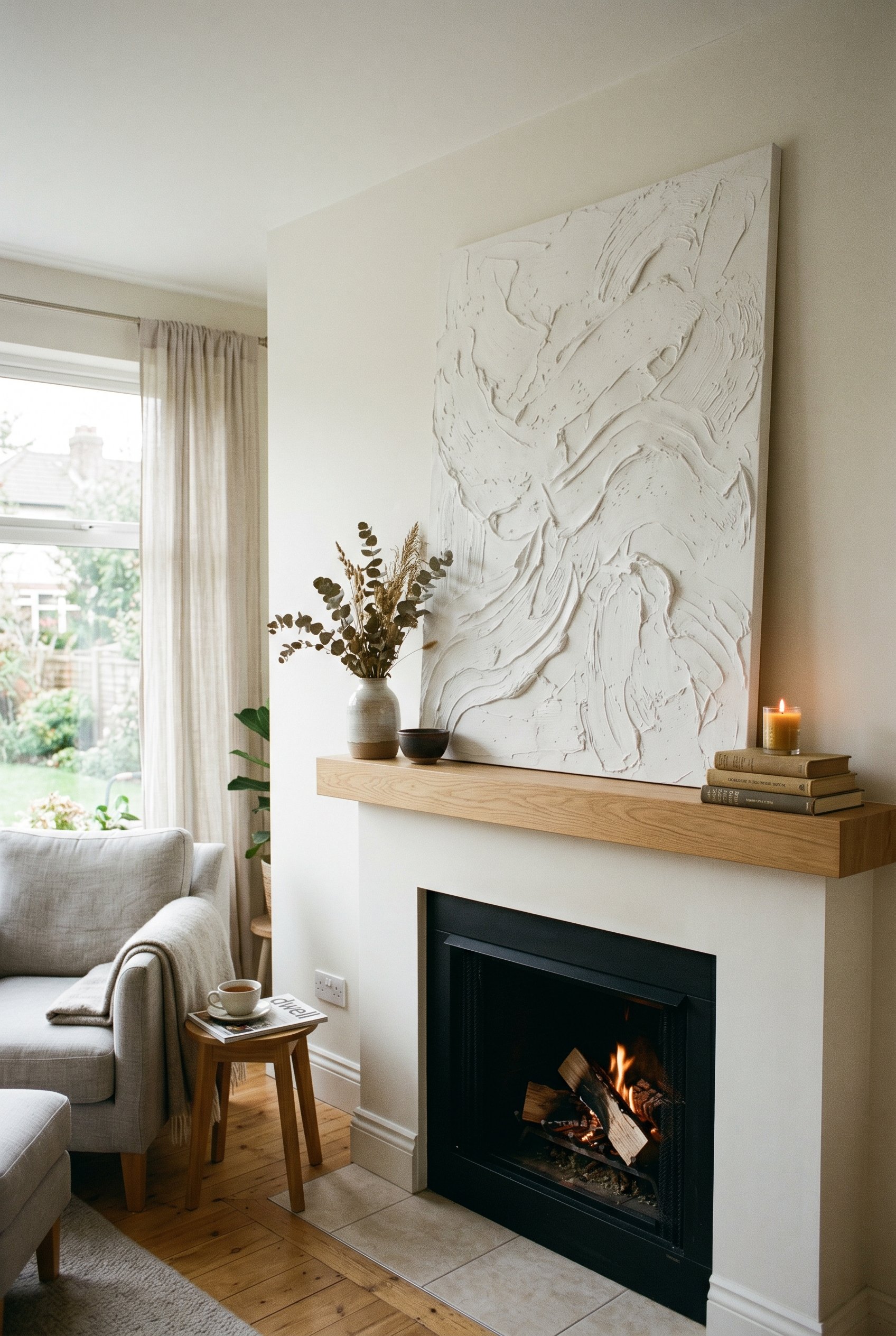 Photorealistic interior photo. Large canvas leaning on a modern fireplace mantel. The canvas features heavy, textured, white joint compound in abstract sweeps. Minimalist decor, soft shadows, editoria