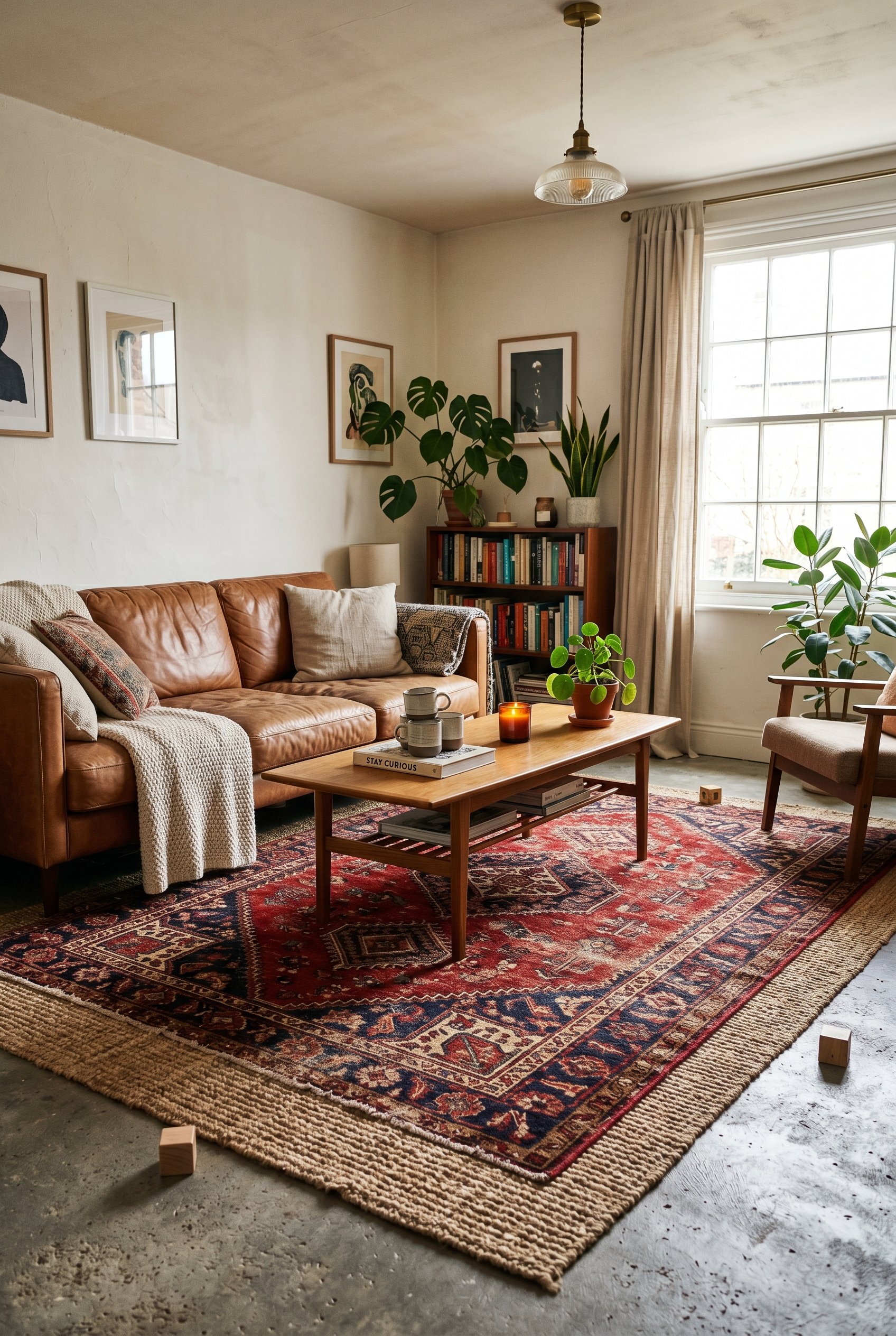 Photorealistic interior photo. Large distressed red and navy Persian rug layered over a raw gray concrete living room floor, thick textures, cozy ambient lighting. Editorial photography style, no peop
