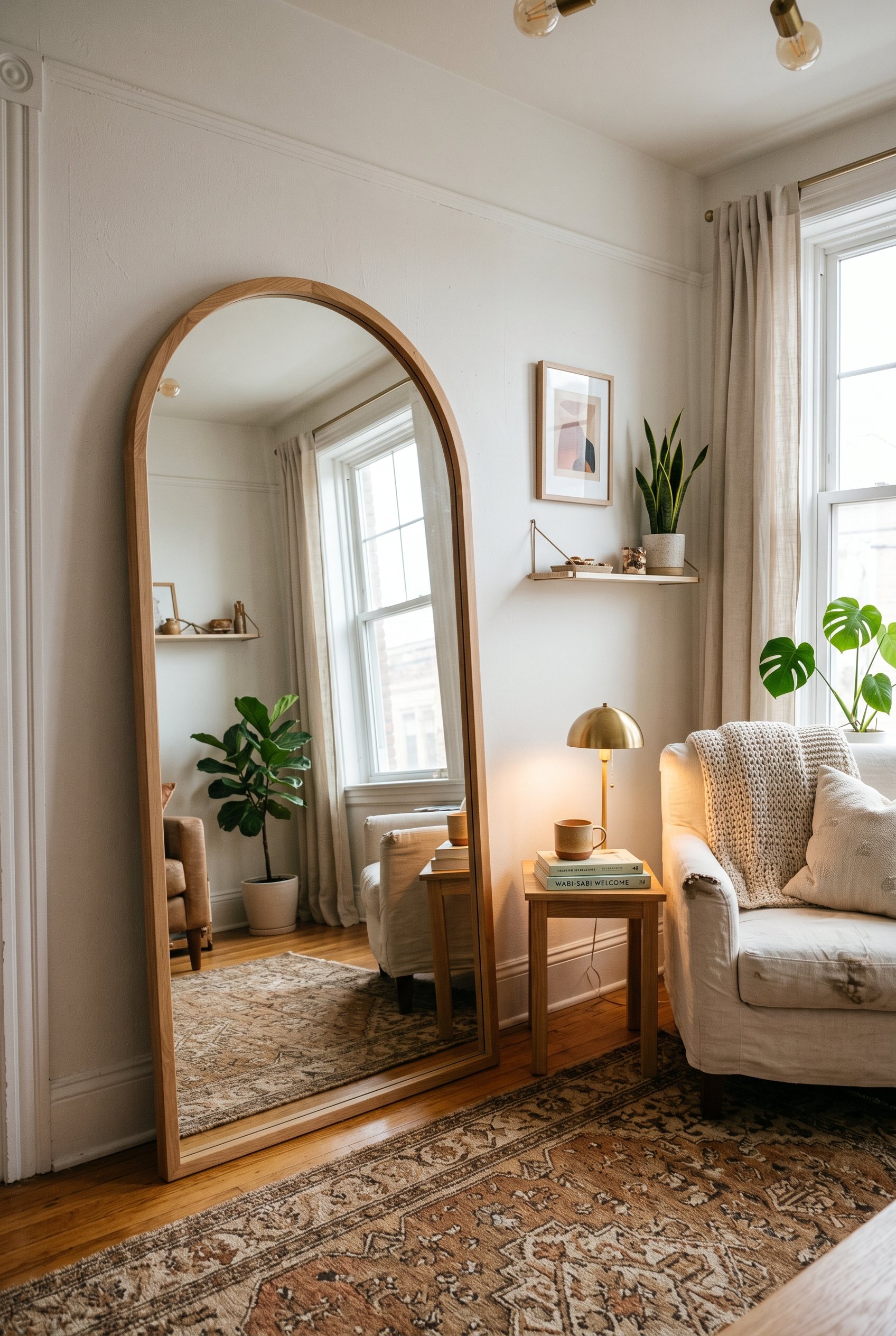 Photorealistic interior photo. Large modern floor mirror leaning against a white wall in a cozy apartment living room, reflecting light from a nearby window, warm 3000K ambient lighting. Editorial pho