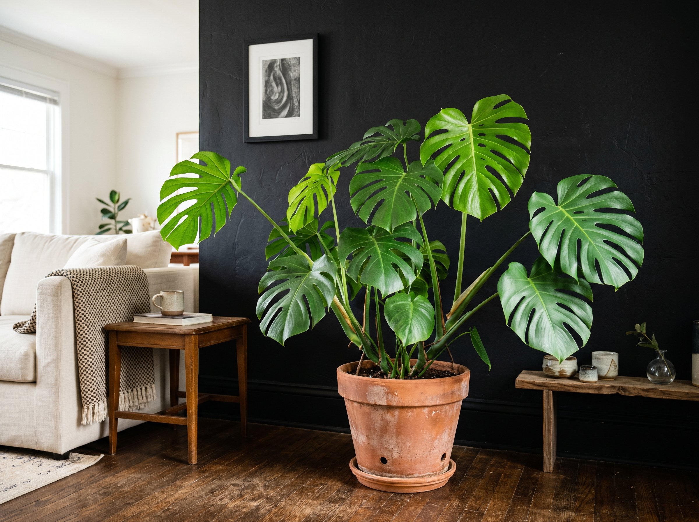 Photorealistic interior photo. Large Monstera plant in a raw terracotta pot against a pitch-black wall, high contrast natural lighting, eye-level camera angle. Editorial photography style, no people v