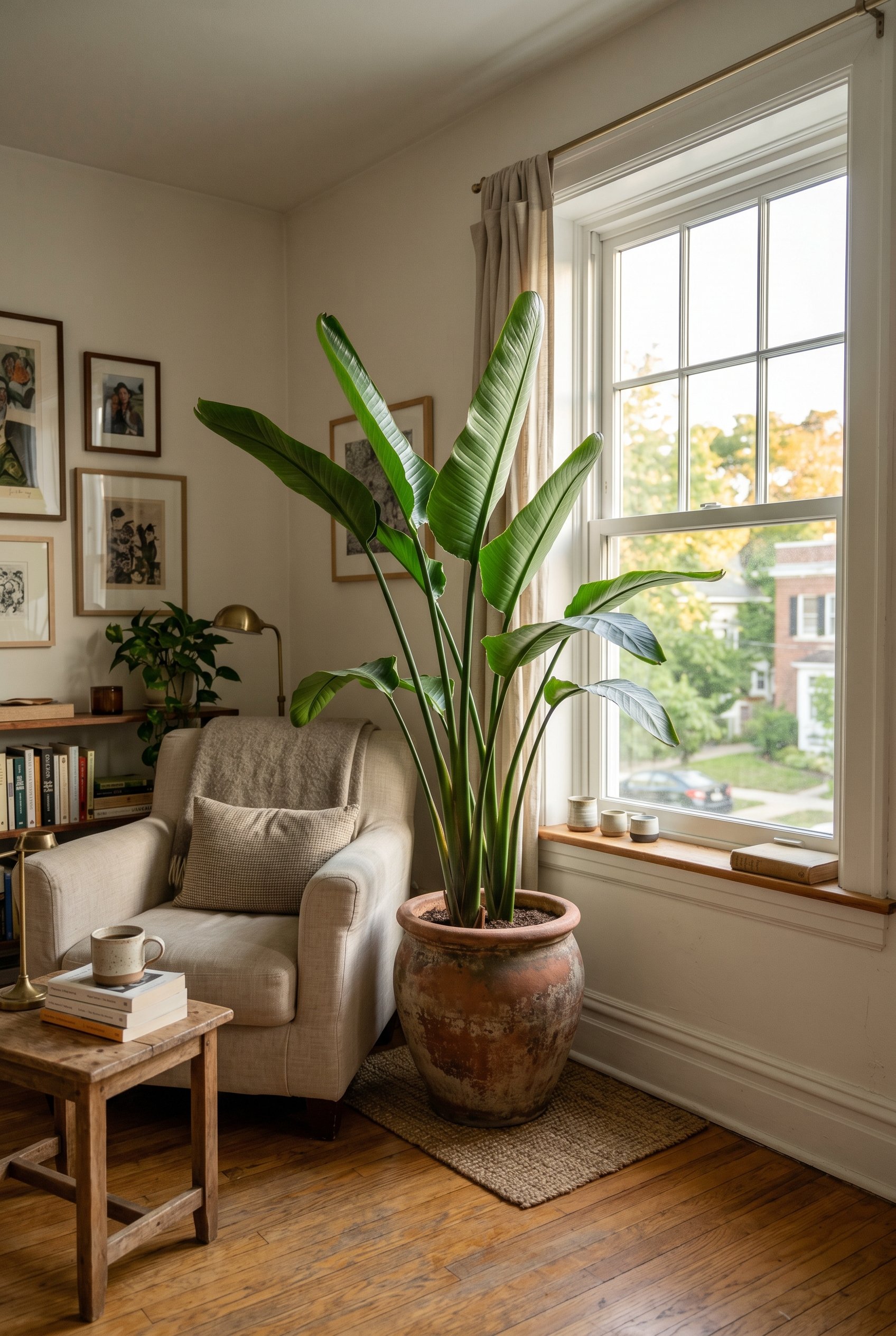 Photorealistic interior photo. Large real Bird of Paradise plant in a heavy terracotta pot, next to a sunlit window. Editorial photography style, no people visible.
