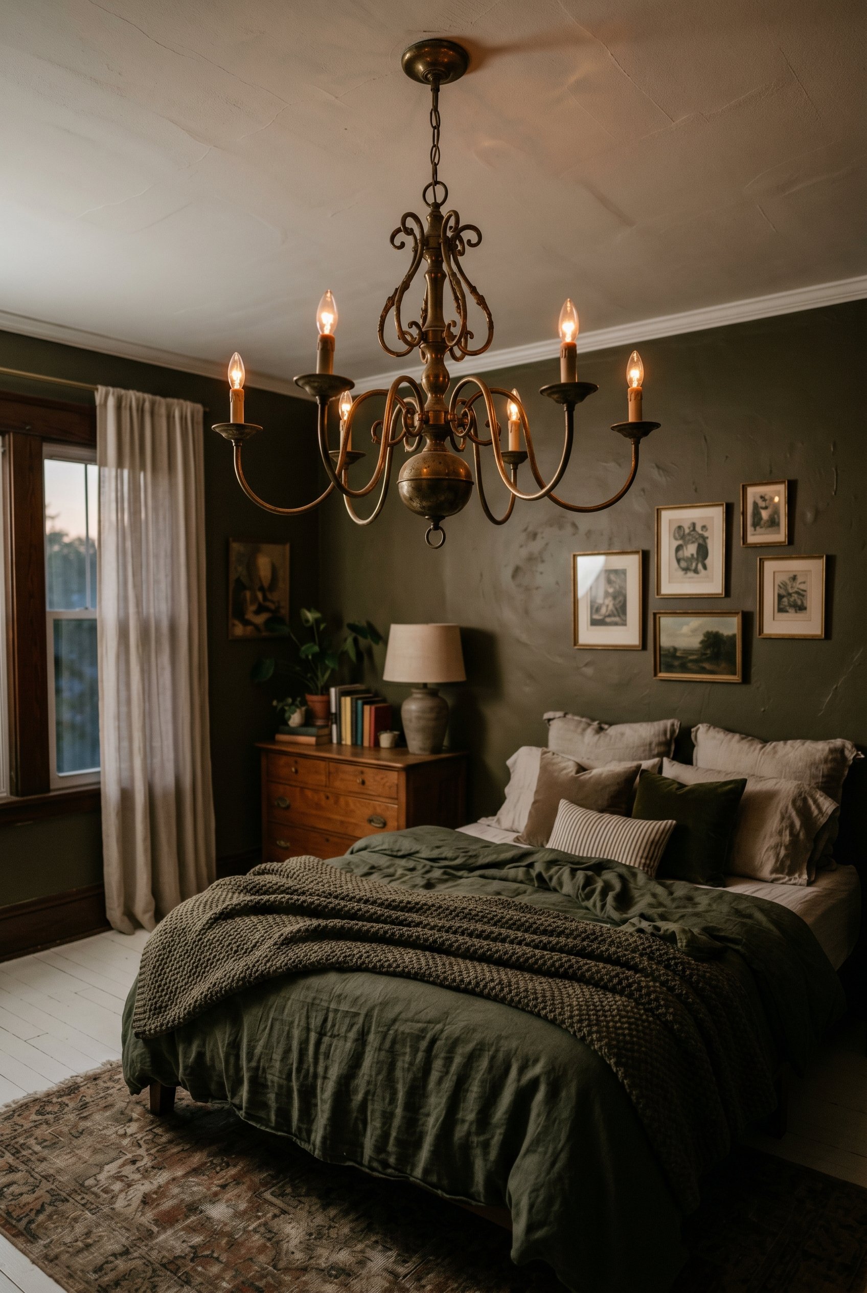 Photorealistic interior photo. Large vintage spidery brass chandelier hanging over a bed, emitting a dim, moody amber glow. Editorial photography style, no people visible.