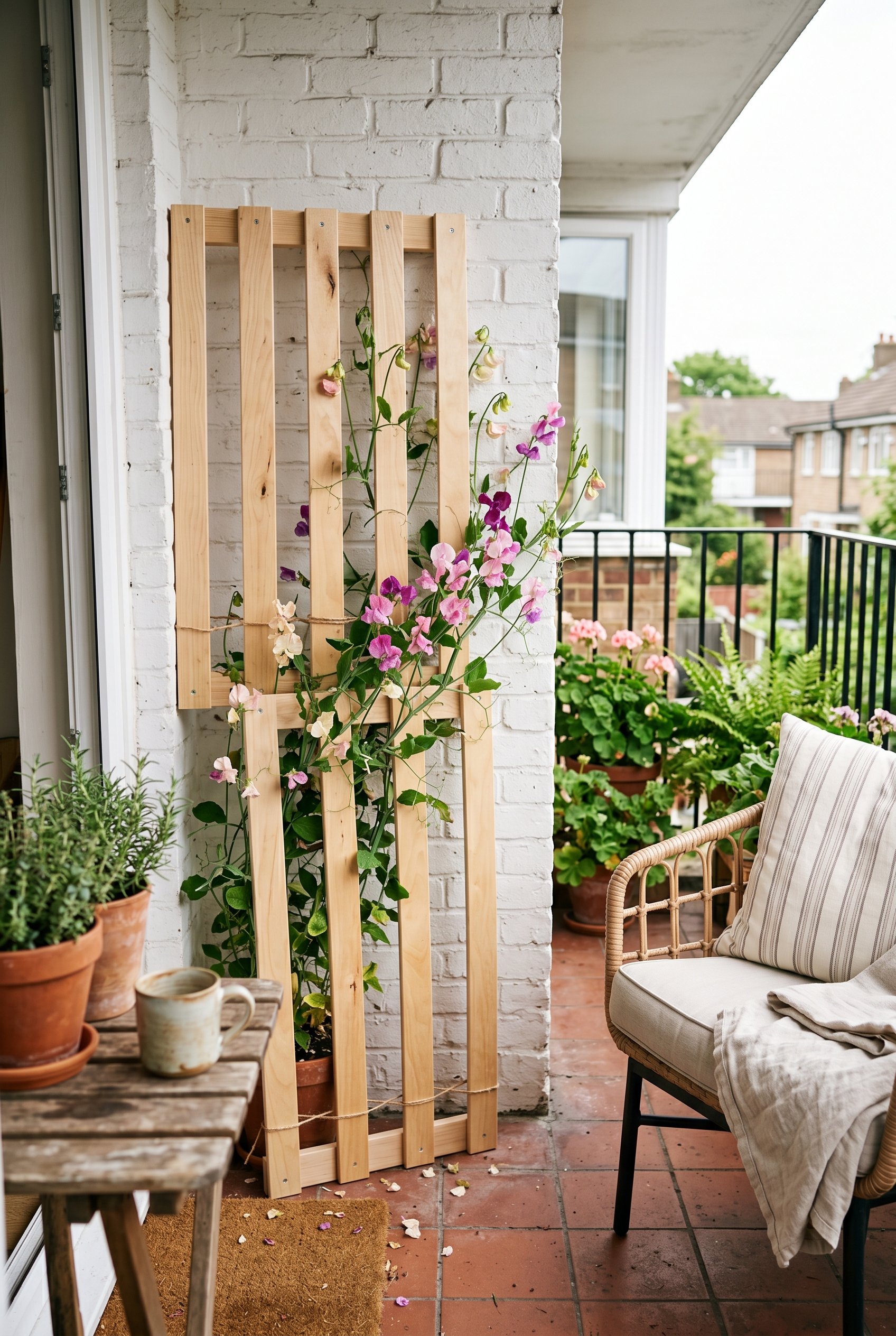 Photorealistic interior photo. Light birch wood IKEA bed slats standing vertically, leaning against a white painted brick wall on a small patio. Sweet peas climbing the slats. Bright, airy lighting. E